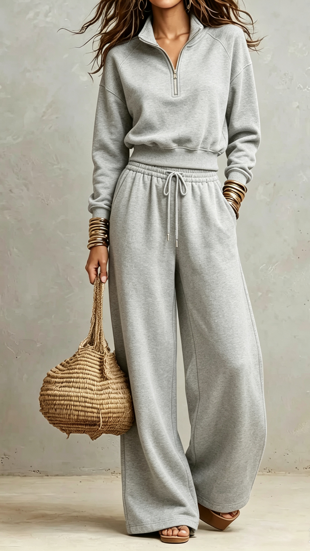 2‑Piece Sweat Co‑Ord Set | Cropped Half‑Zip Stand Collar Raglan Top & Drawstring Wide‑Leg Sweatpants Elevated Casual Loungewear Outfit