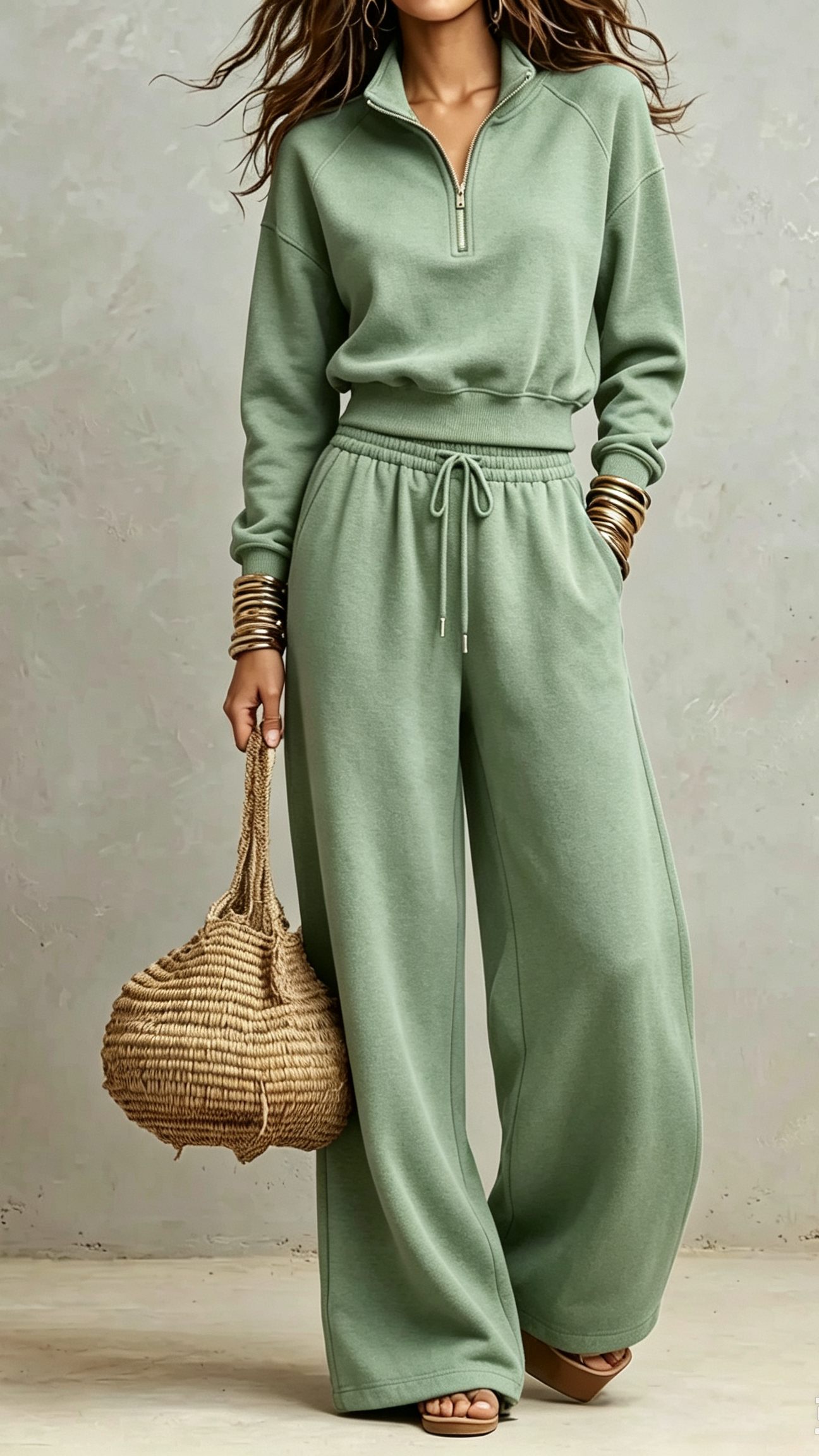 2‑Piece Sweat Co‑Ord Set | Cropped Half‑Zip Stand Collar Raglan Top & Drawstring Wide‑Leg Sweatpants Elevated Casual Loungewear Outfit