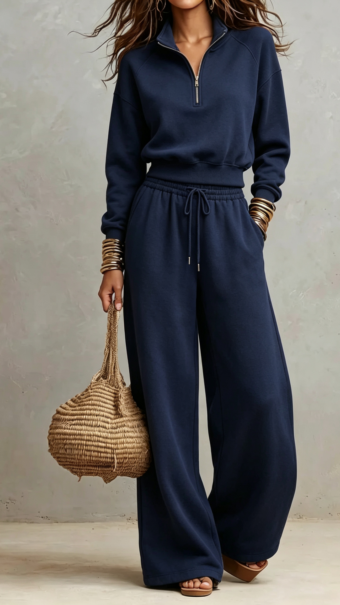 2‑Piece Sweat Co‑Ord Set | Cropped Half‑Zip Stand Collar Raglan Top & Drawstring Wide‑Leg Sweatpants Elevated Casual Loungewear Outfit