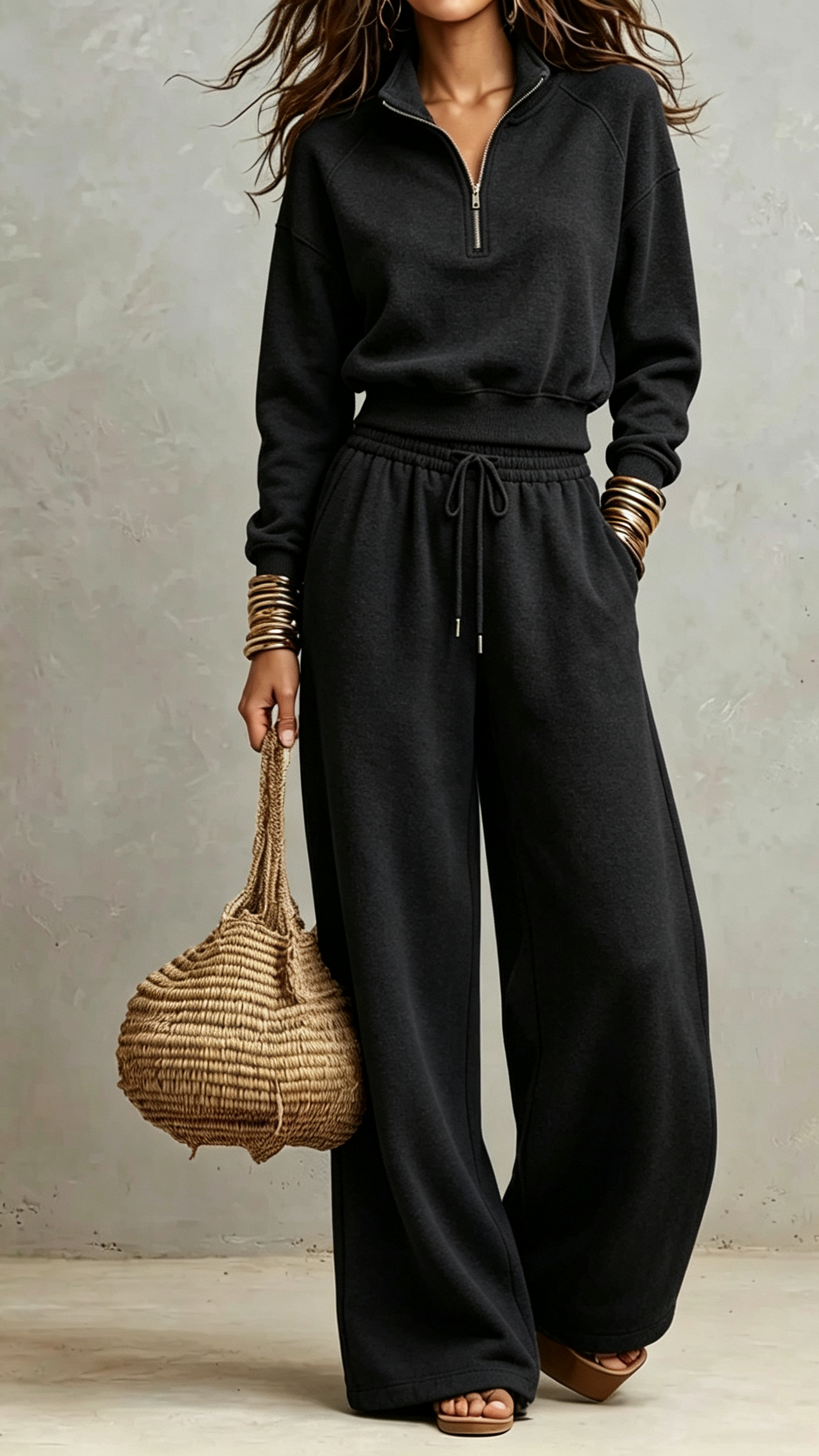 2‑Piece Sweat Co‑Ord Set | Cropped Half‑Zip Stand Collar Raglan Top & Drawstring Wide‑Leg Sweatpants Elevated Casual Loungewear Outfit