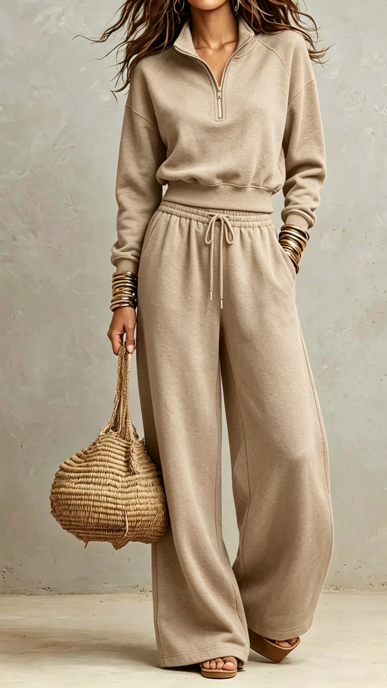 2‑Piece Sweat Co‑Ord Set | Cropped Half‑Zip Stand Collar Raglan Top & Drawstring Wide‑Leg Sweatpants Elevated Casual Loungewear Outfit