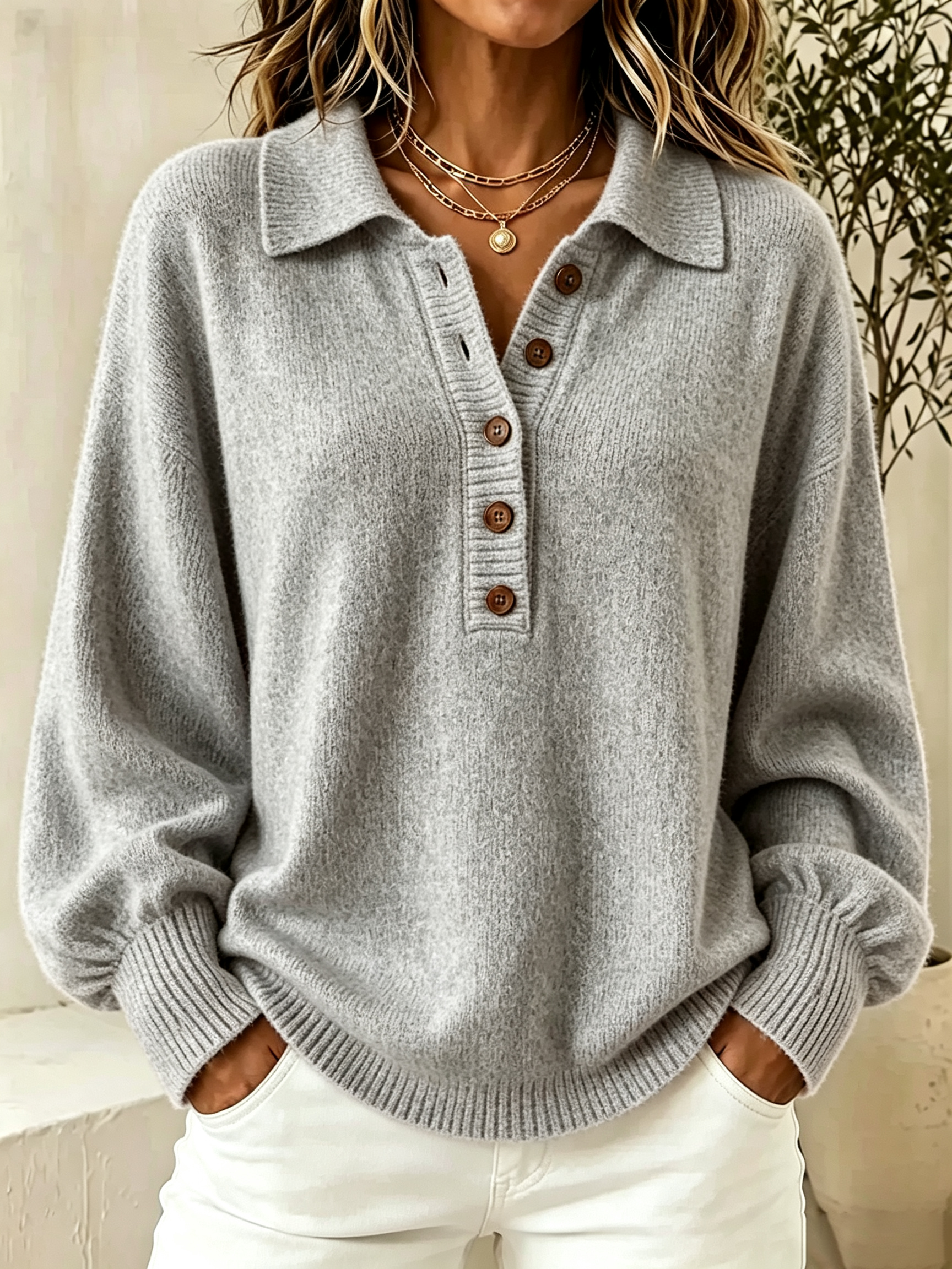 CLEARANCE SALE🔥Women's Button Detail Hooded Knit Sweater