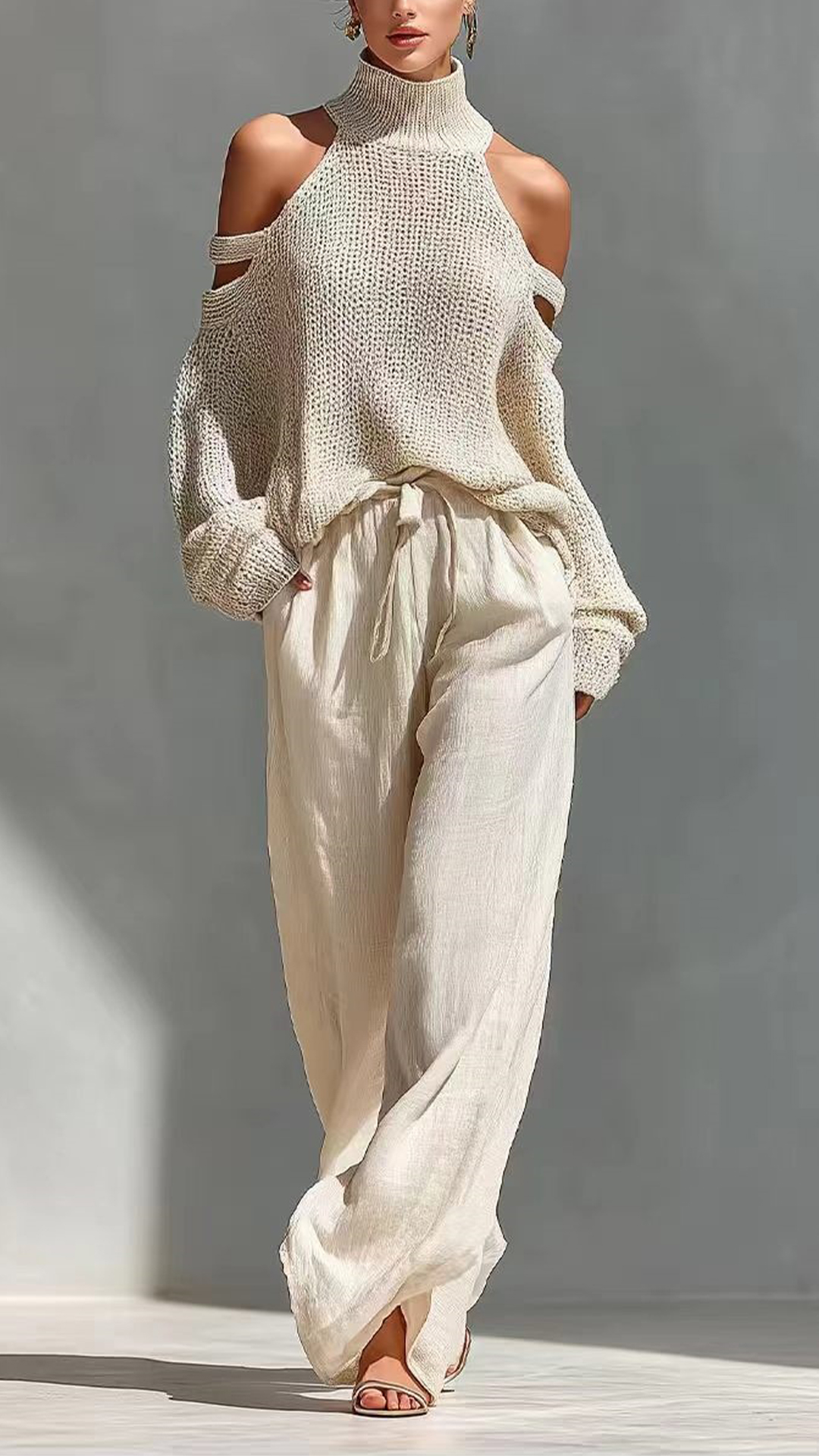 Women's Cotton-Blend Off-White Cold-Shoulder Knit Loose Set