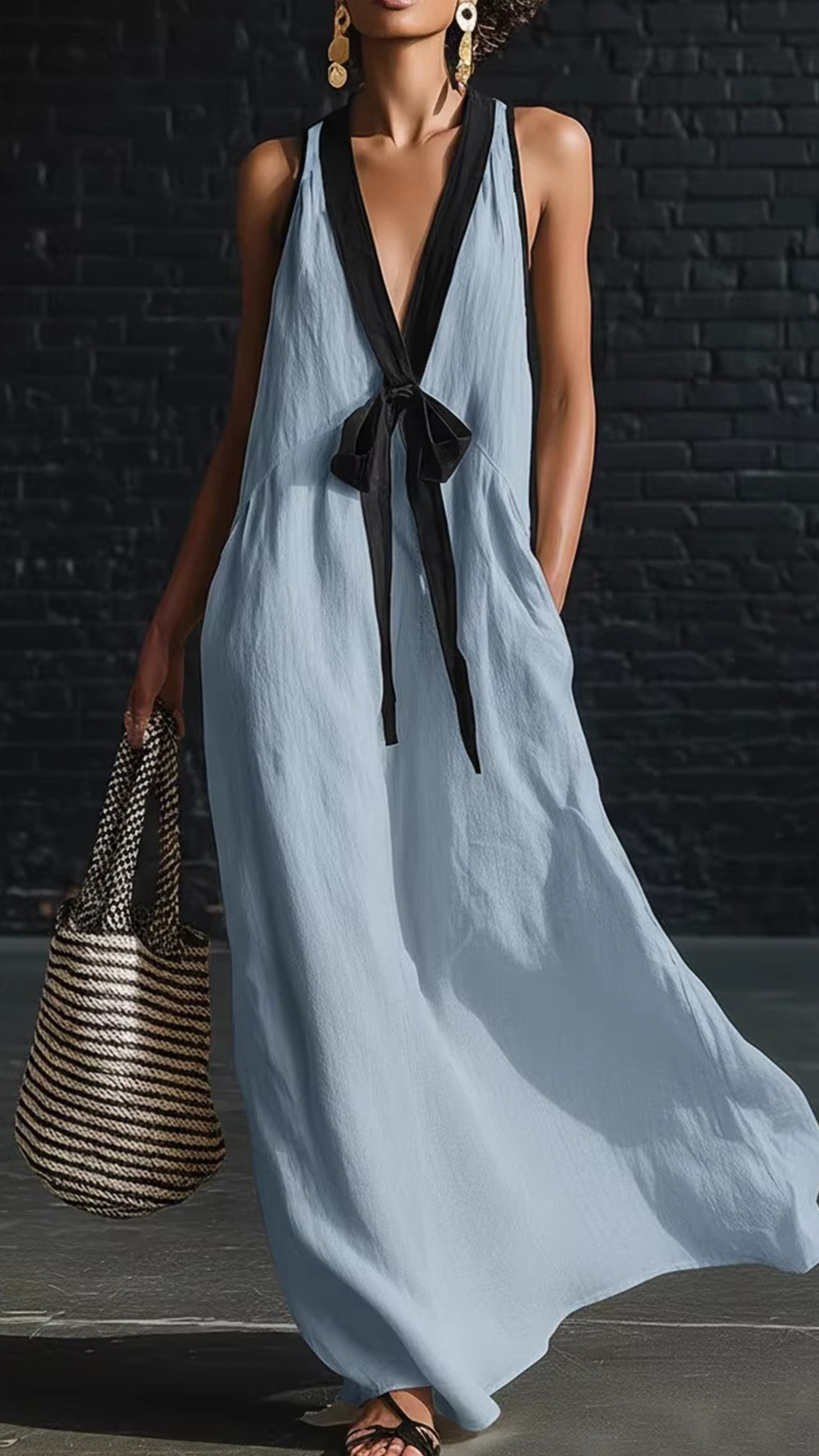 Women's Cotton-Blend Color-Blocked V-Neck Tie Sleeveless Maxi Dress