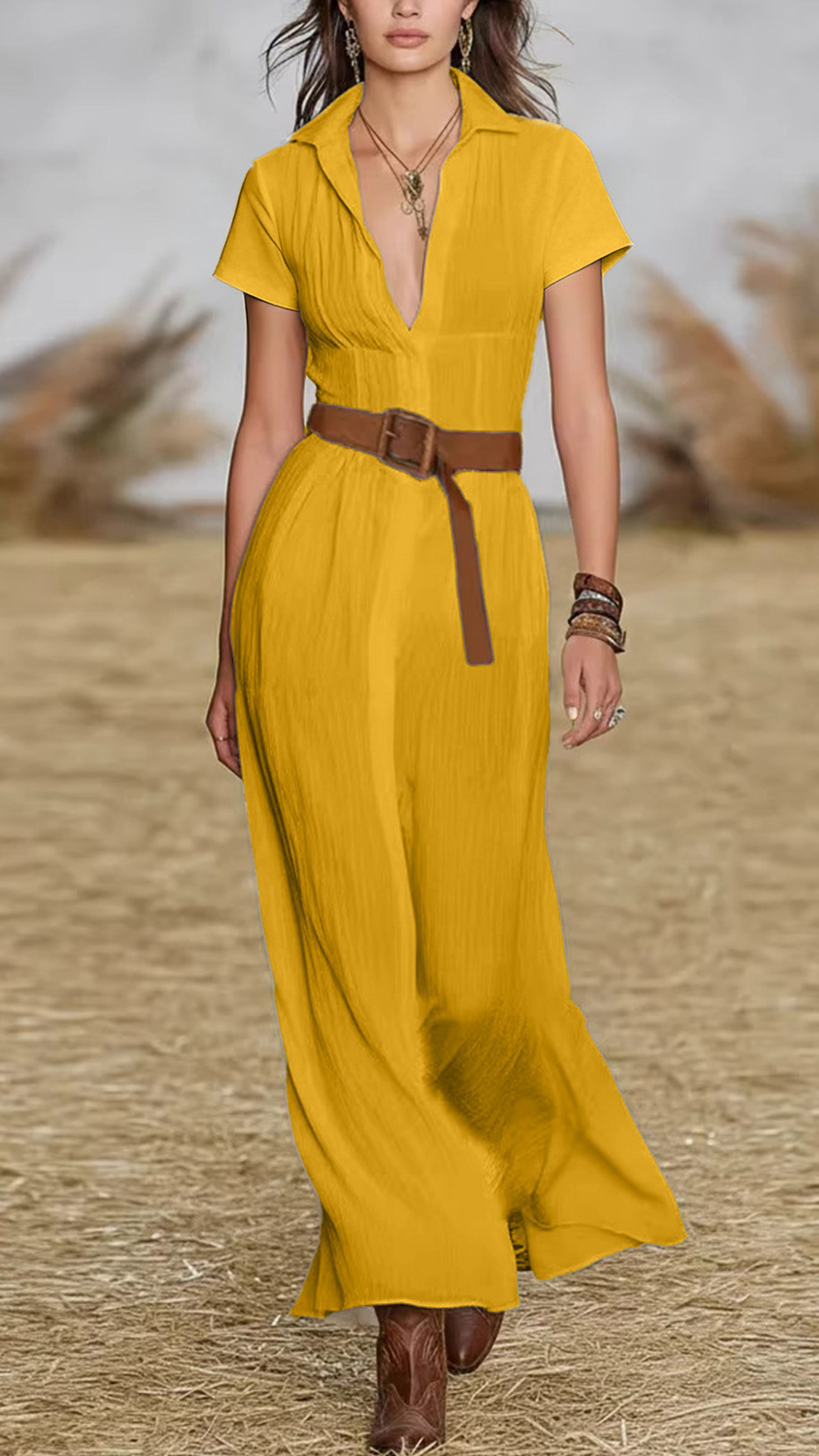 Women's Cotton‑blend Ginger Yellow Collared V‑Neck Short‑Sleeve Belted Waist‑cinched Maxi Dress