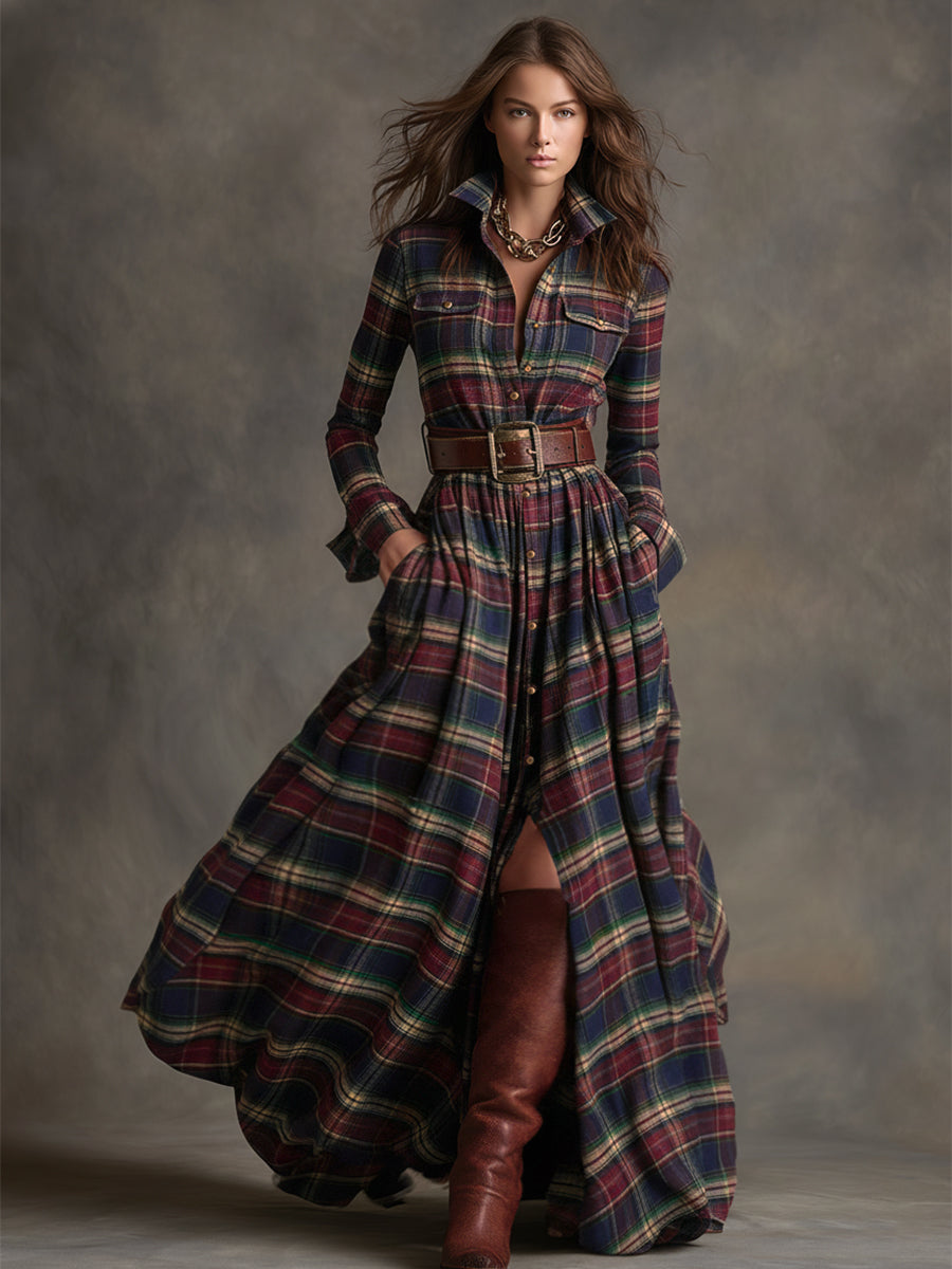 Retro Ethnic Style Lapel Reddish Brown Plaid Maxi Dress