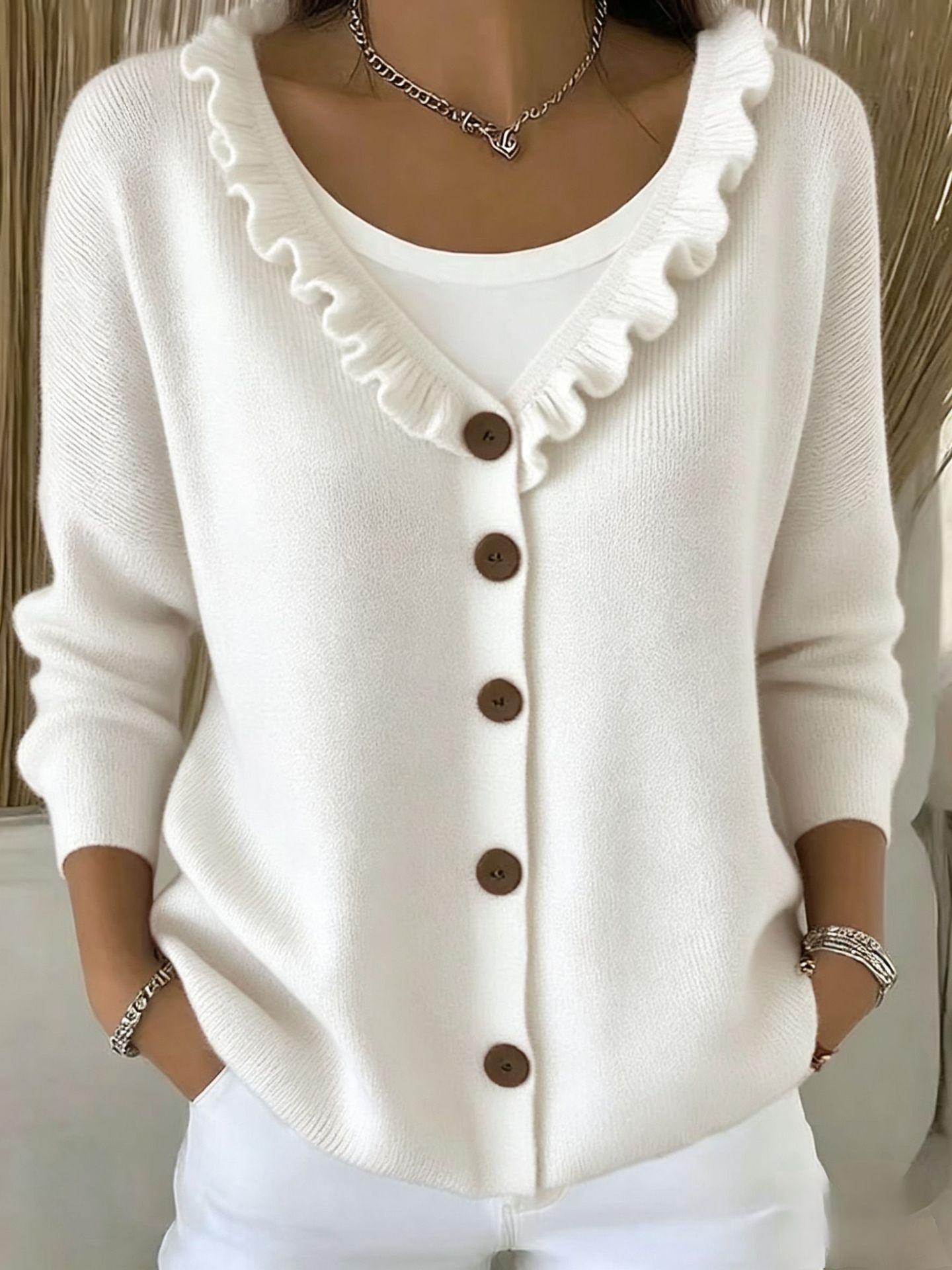 Women's Ruffle Trim V-Neck Button-Down Cardigan - Casual Soft Knit Sweater Top