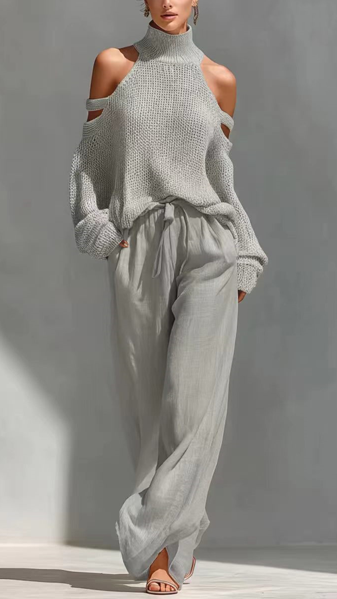 Women's Cotton-Blend Off-White Cold-Shoulder Knit Loose Set