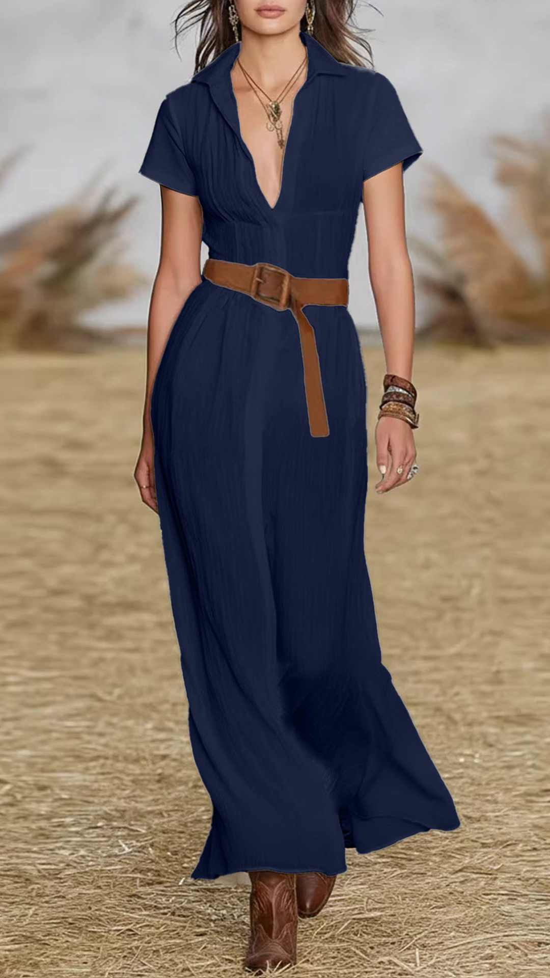 Women's Cotton‑blend Ginger Yellow Collared V‑Neck Short‑Sleeve Belted Waist‑cinched Maxi Dress