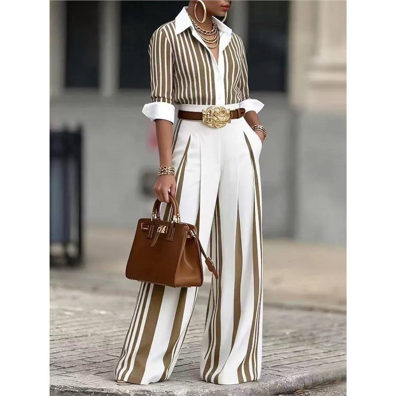 Elegant Color-Block Striped Two-Piece Set(Includes a standard belt)
