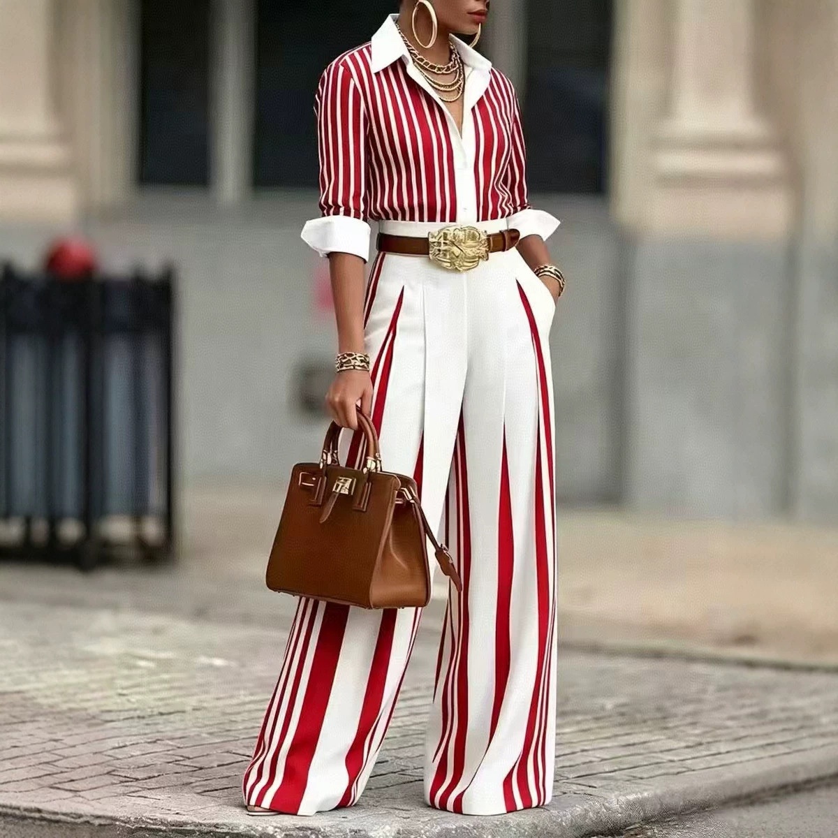 Elegant Color-Block Striped Two-Piece Set(Includes a standard belt)