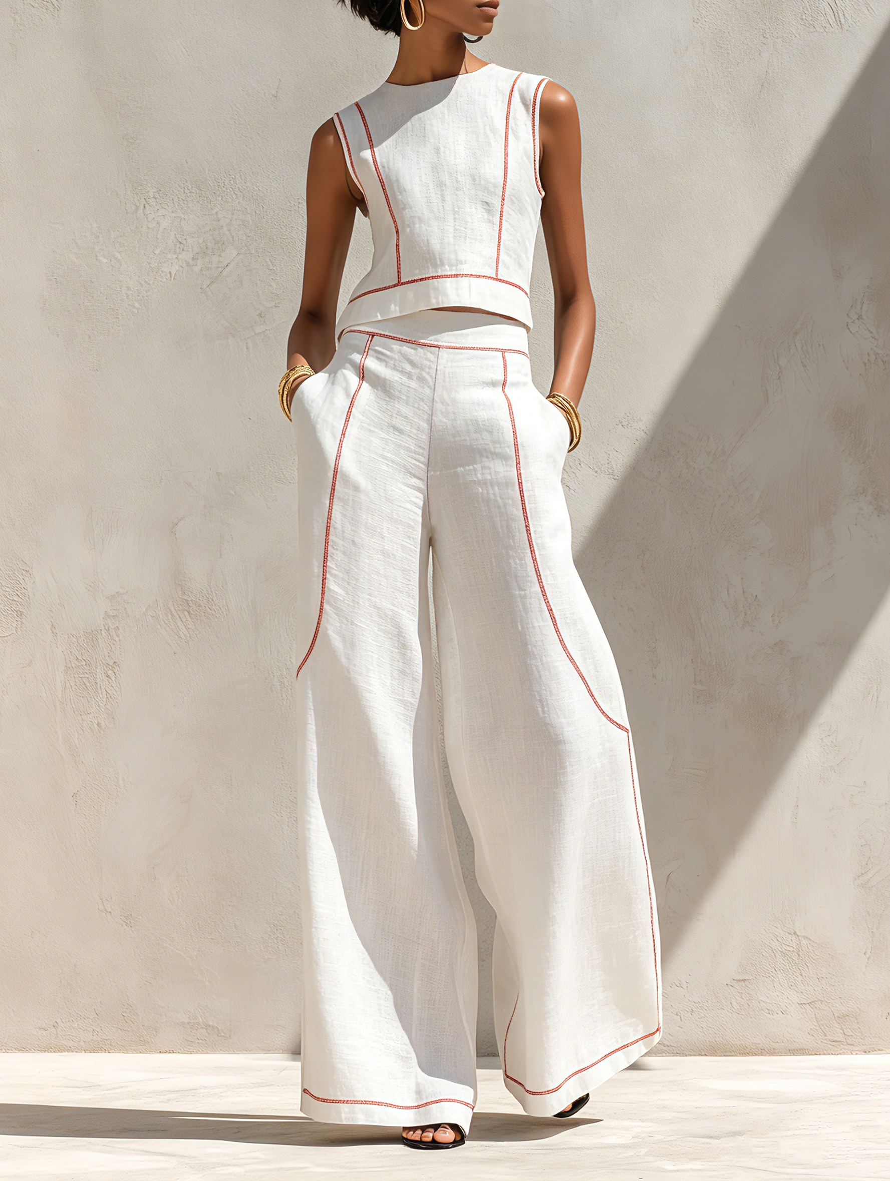 Women's Minimalist Linen-Blend Contrast-Stitched Blouse & Wide-Leg Pants Set