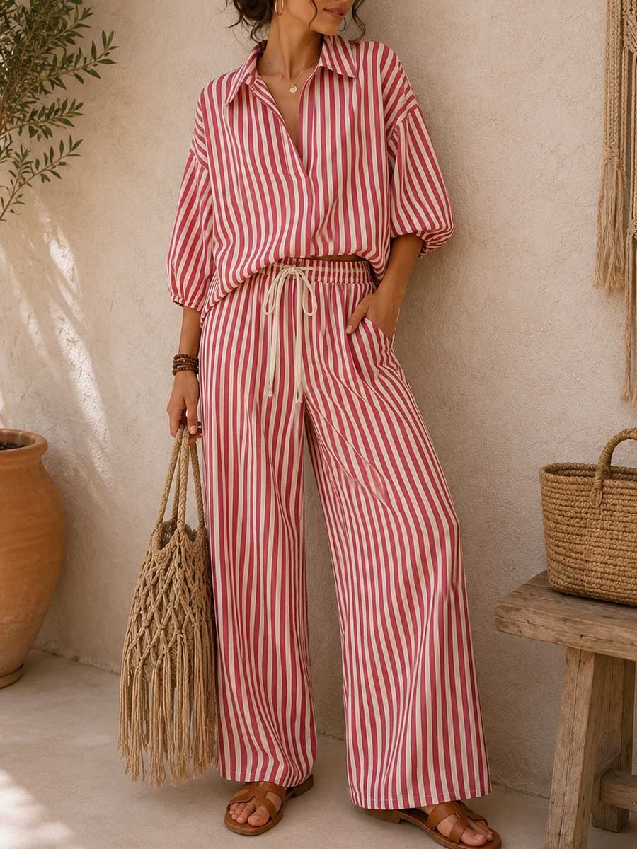 Women's Casual Loose Two-Piece Set: Striped Fashion Outfit with Lapel, Three-Quarter Sleeve Top, and Trousers