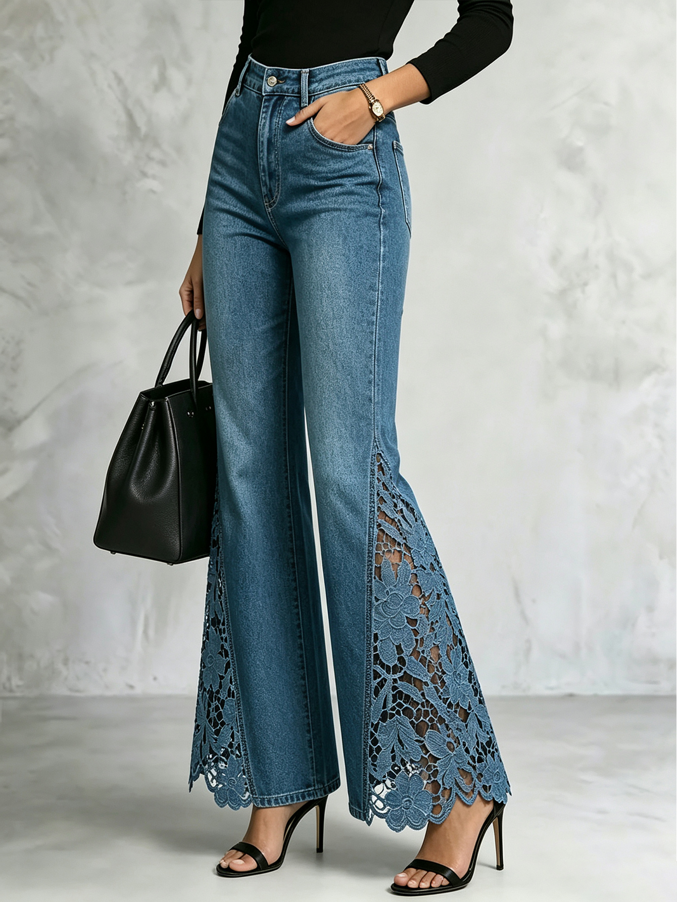 High Waist Floral Lace Patchwork Flare Denim Jeans for Women