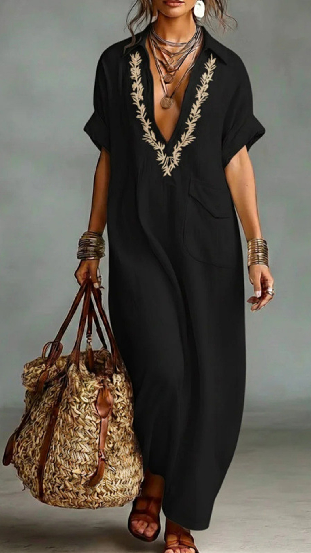Embroidered V-Neck Loose Cotton Linen Shirt Maxi Dress