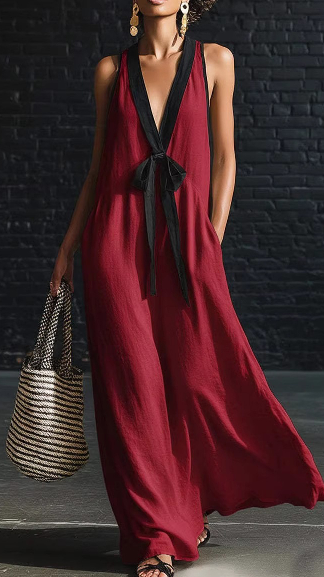 Women's Cotton-Blend Color-Blocked V-Neck Tie Sleeveless Maxi Dress
