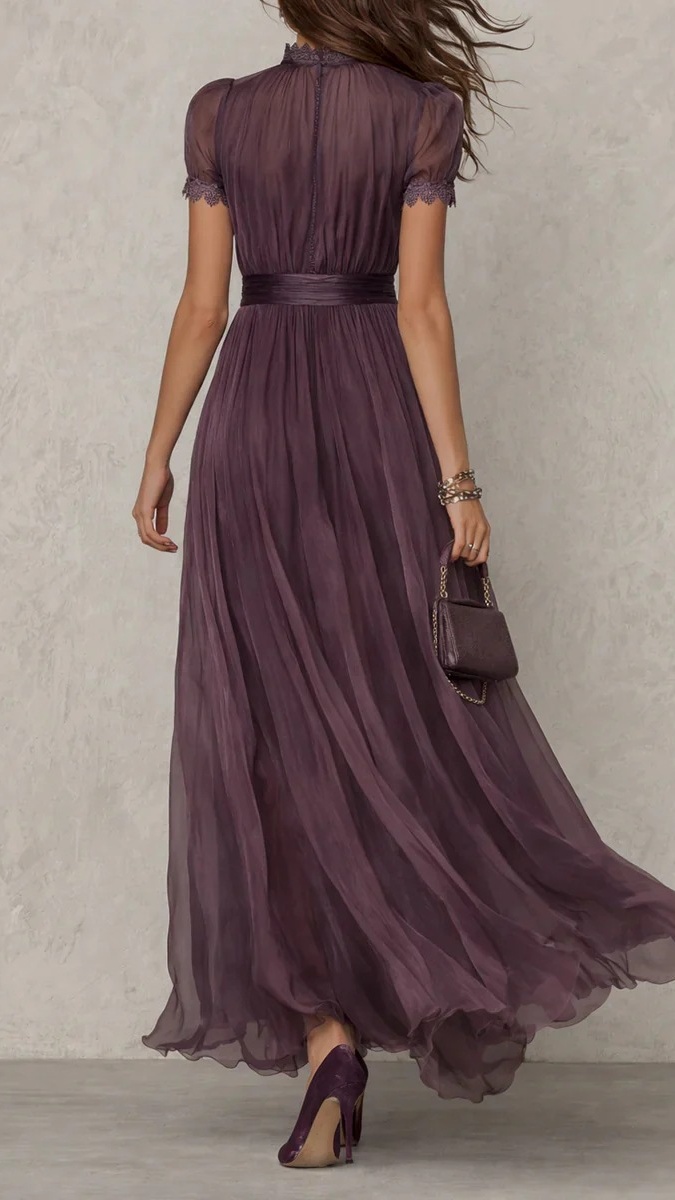Women's High-Neck, Lace-Paneled, Flowy Chiffon Dress