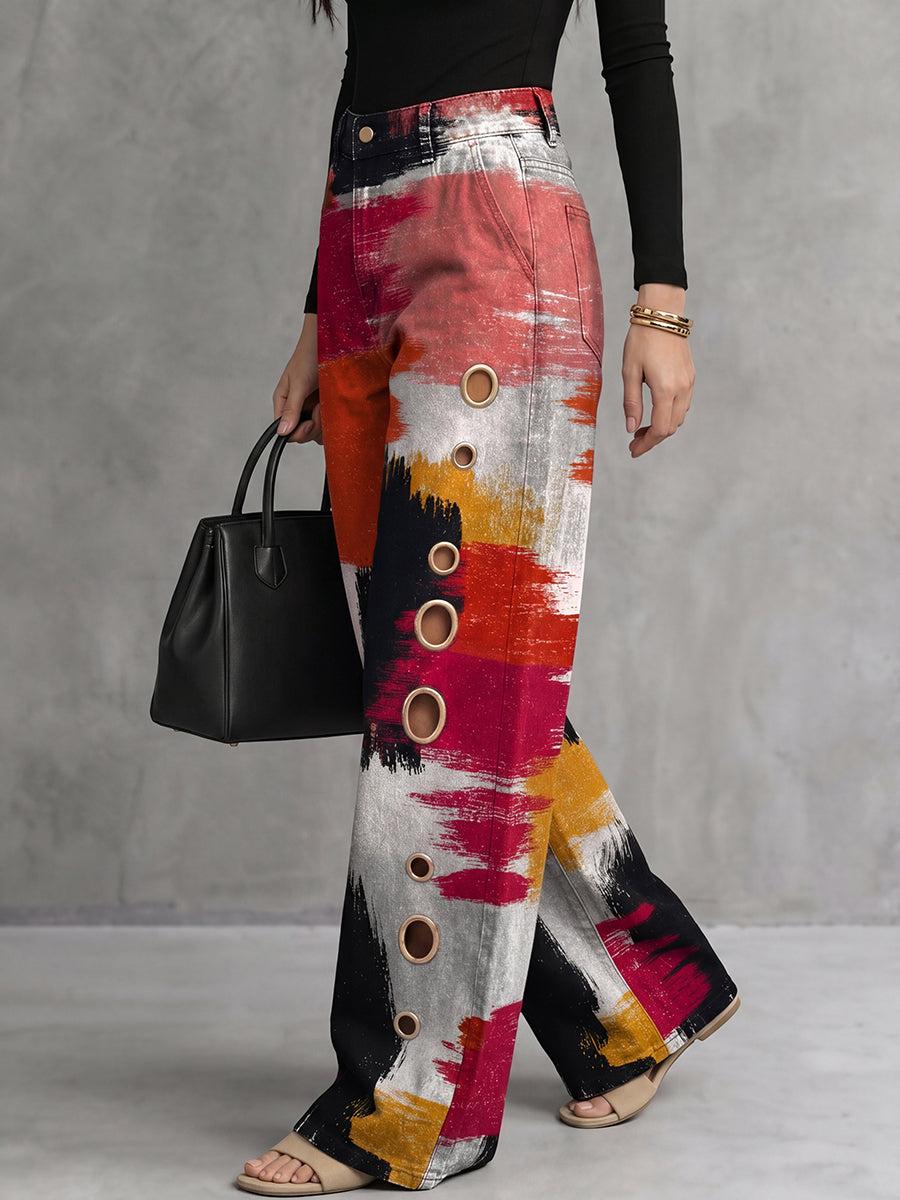 Loose Wide Leg Buttoned Contrast Color Hollow Printed Pants Trousers
