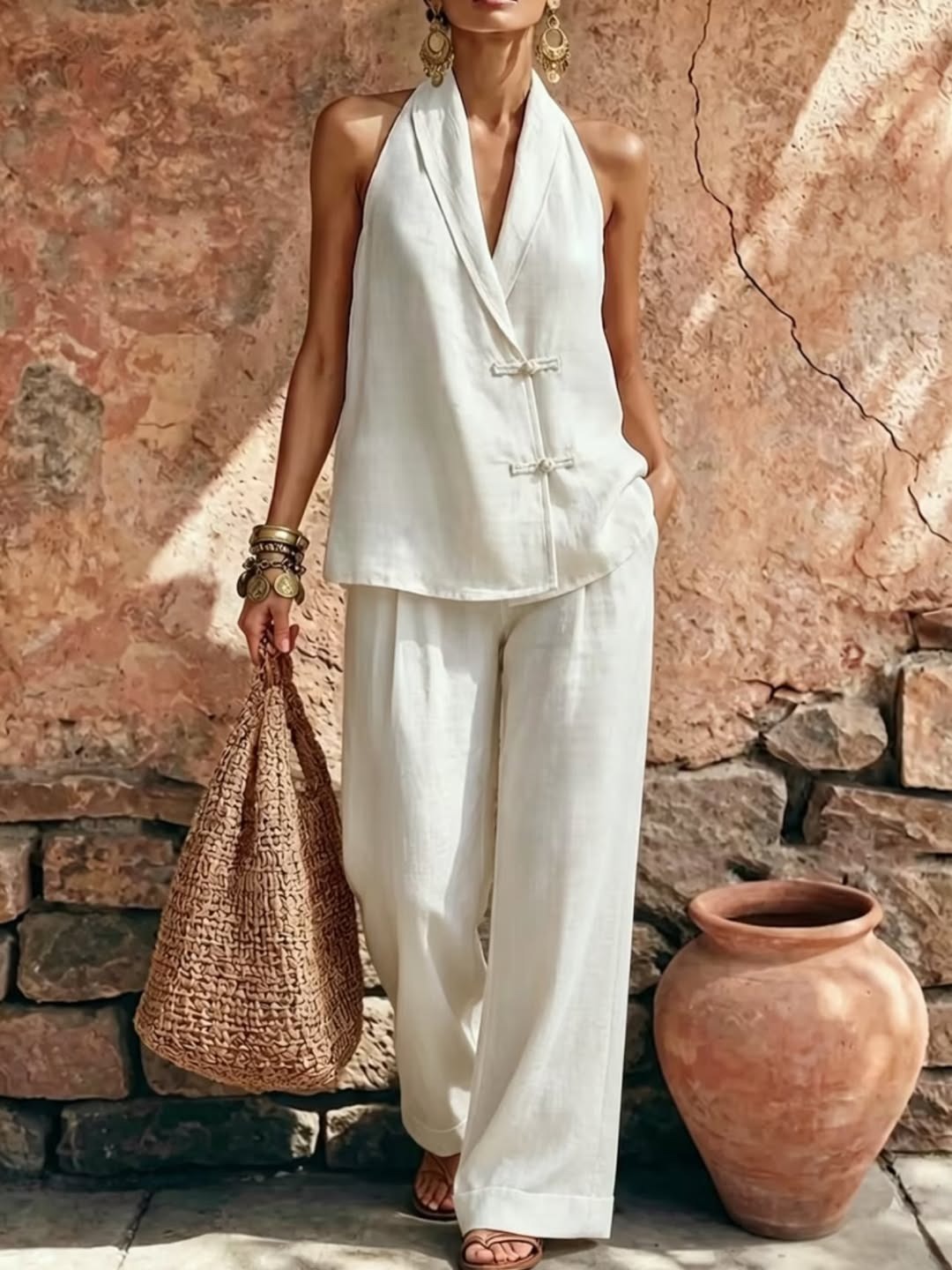Halter Wrap Top with Frog Closures & Wide Leg Linen Blend 2-Piece Set