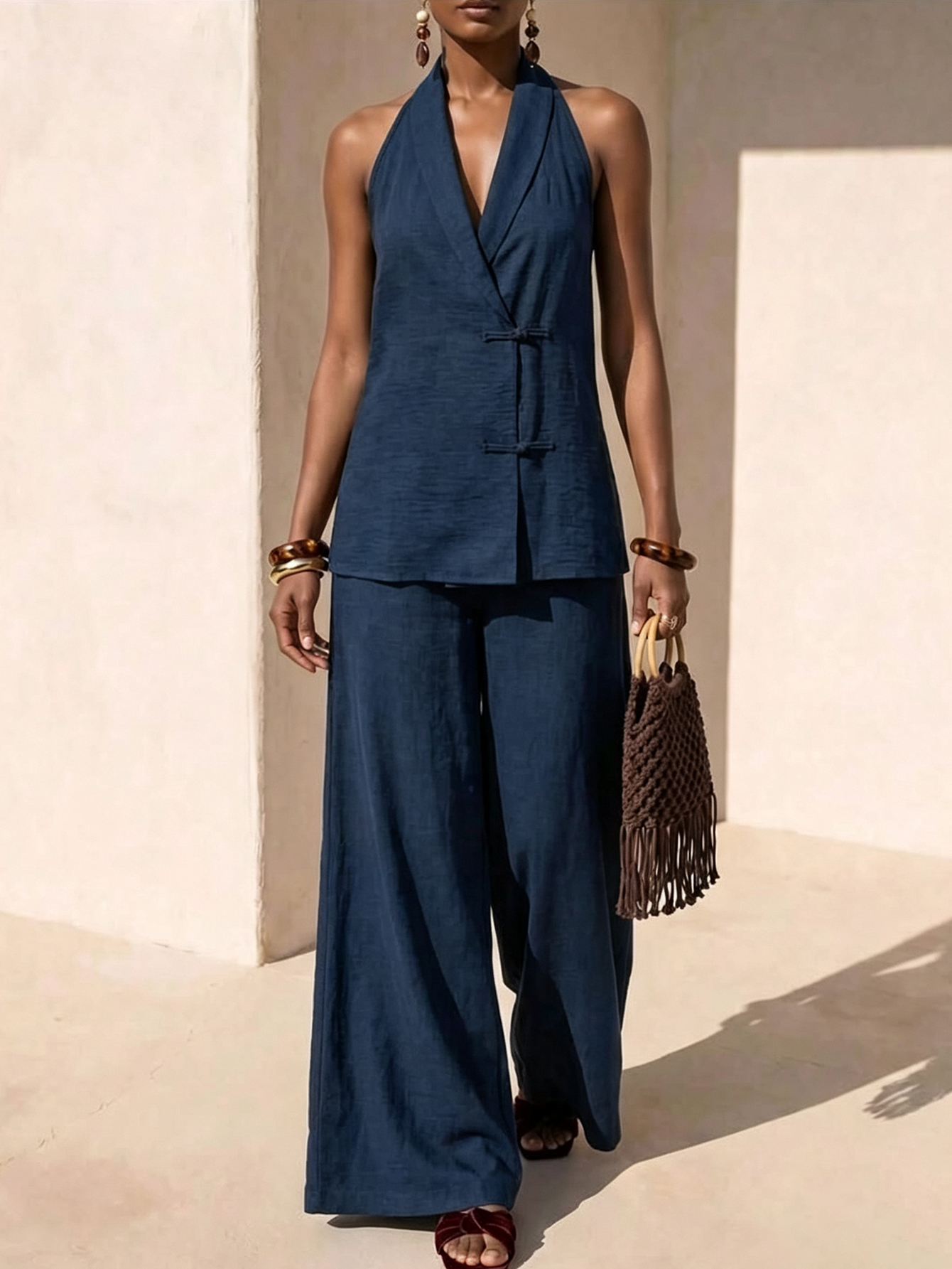 Halter Wrap Top with Frog Closures & Wide Leg Linen Blend 2-Piece Set