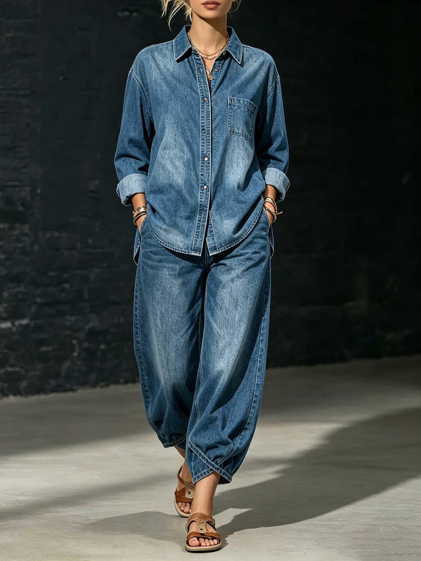 Women's Washed Denim Button-Up Shirt & Wide Leg Jeans 2-Piece Set
