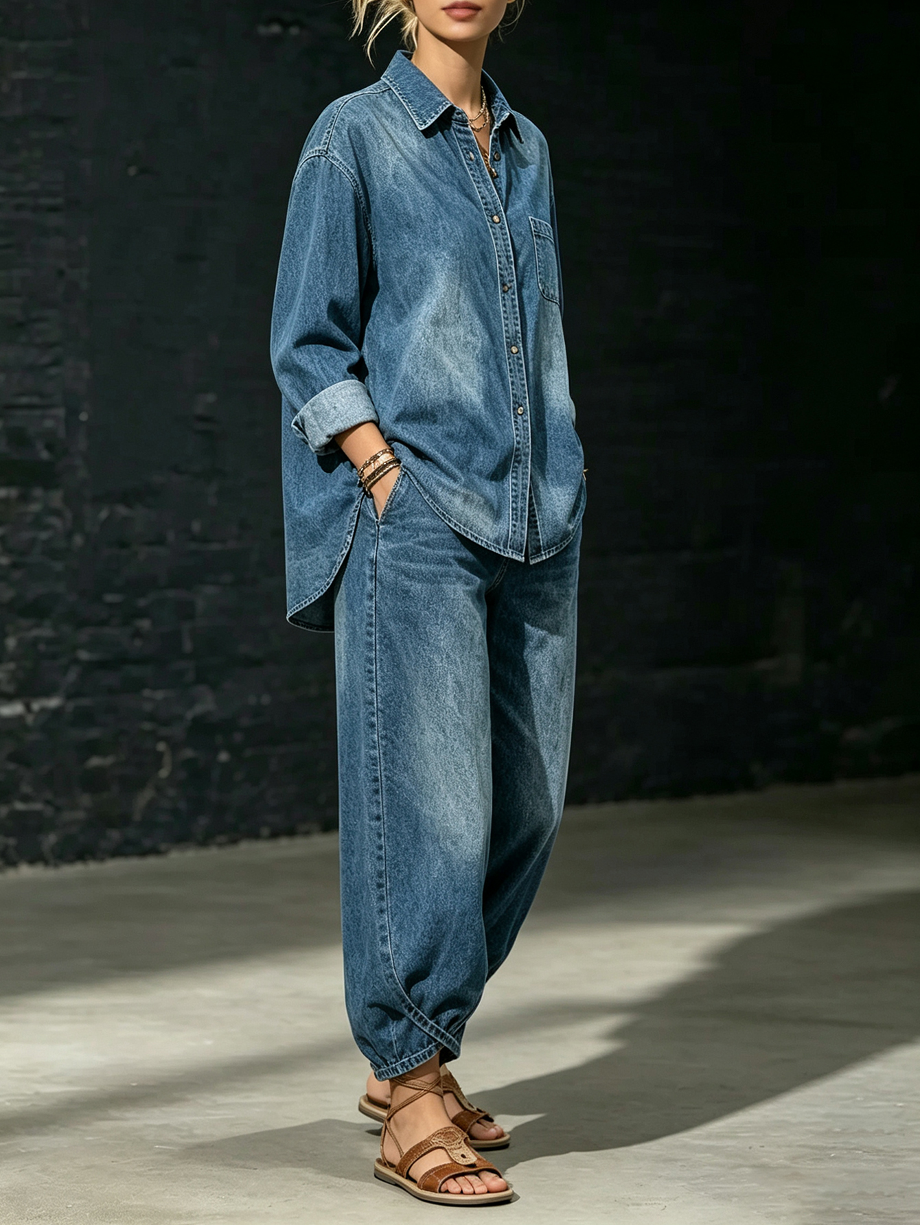 Women's Washed Denim Button-Up Shirt & Wide Leg Jeans 2-Piece Set