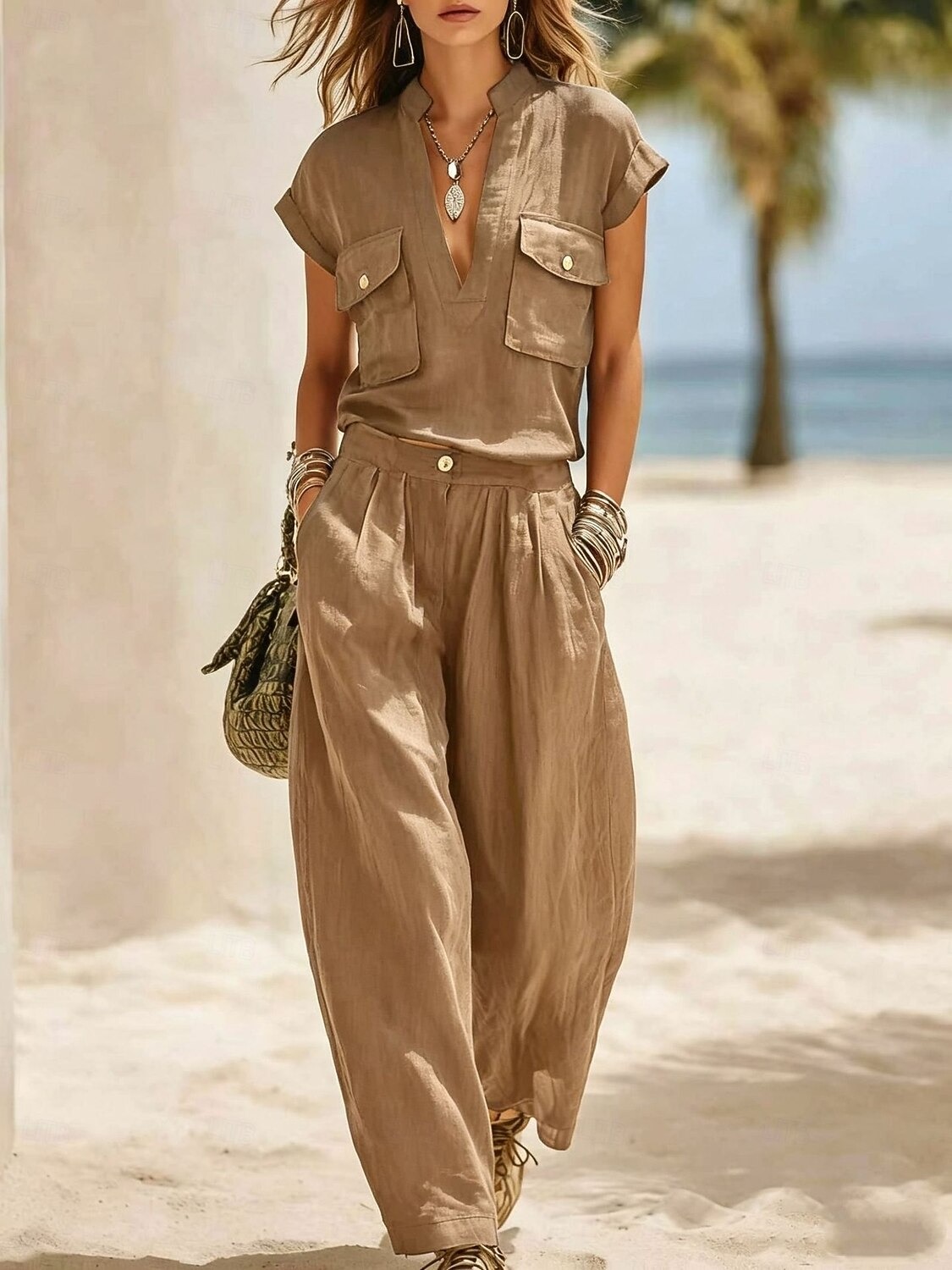 Women's Linen Blend Utility 2-Piece Set V-Neck Pocket Top & Wide Leg Pants