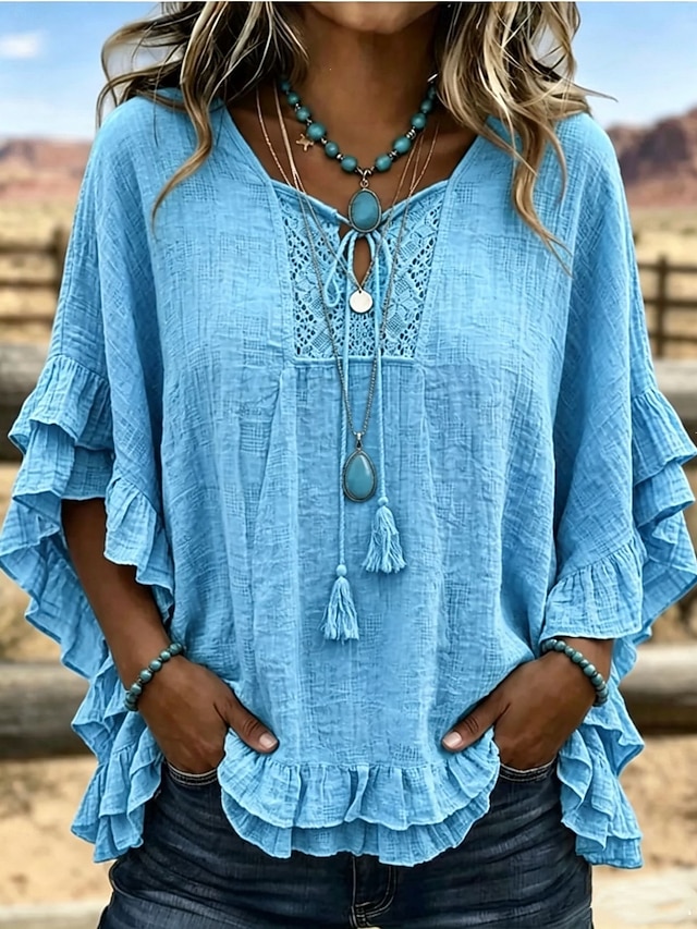 Women's Bohemian Ruffle Blouse Solid Color Vacation Half Sleeve V Neck Regular Tops