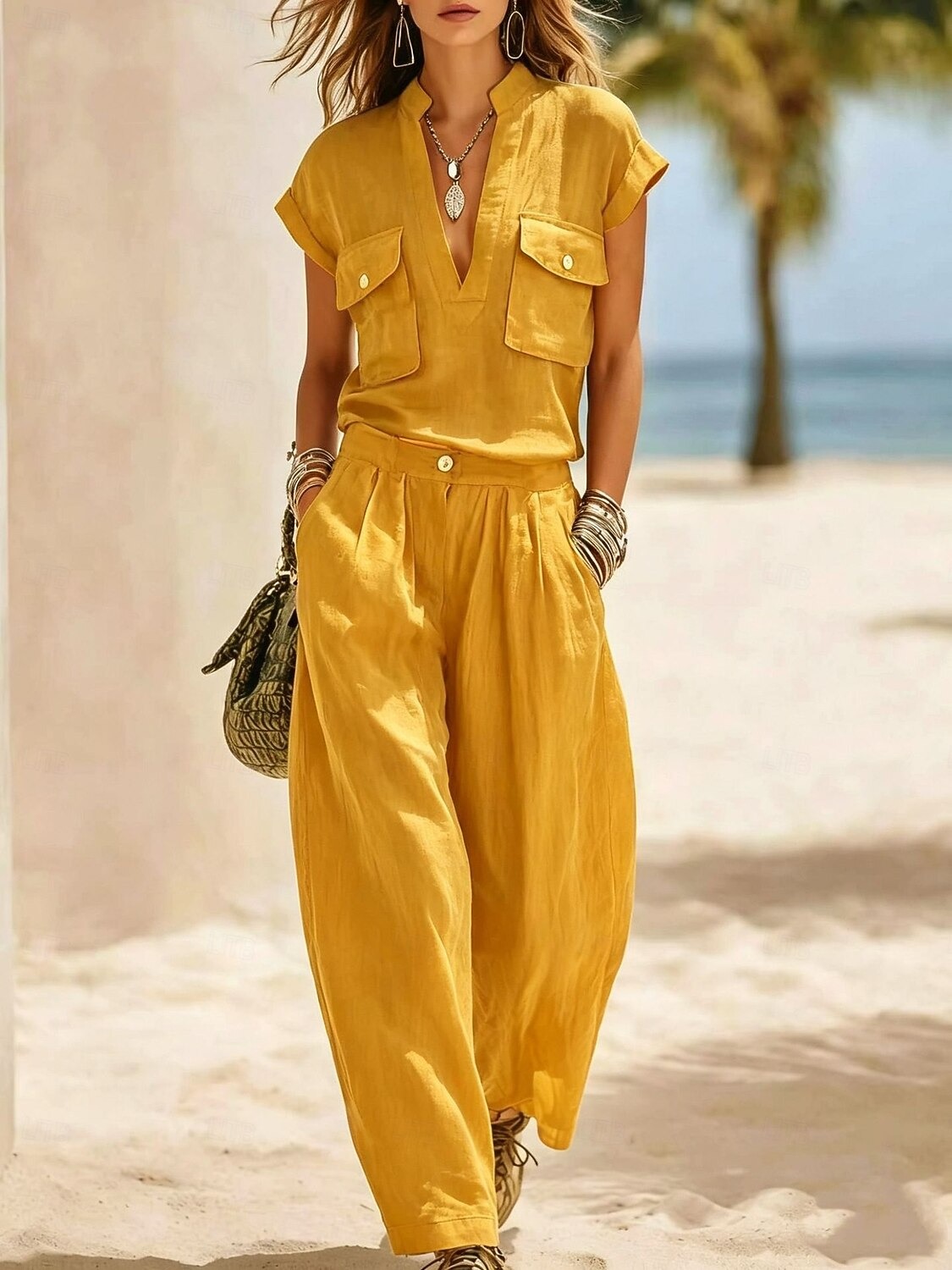 Women's Linen Blend Utility 2-Piece Set V-Neck Pocket Top & Wide Leg Pants
