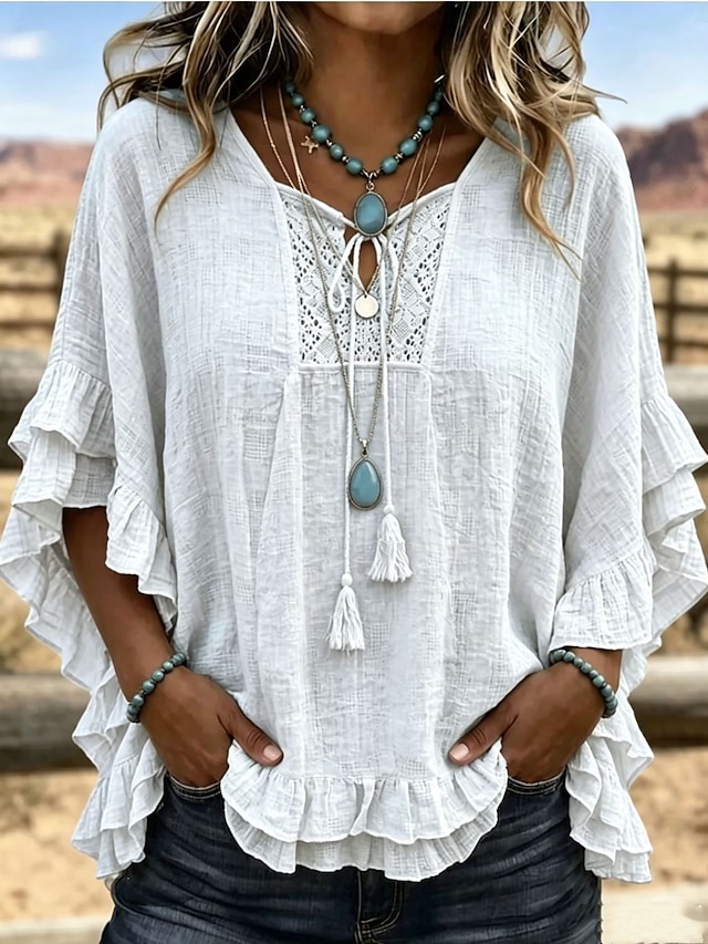 Women's Bohemian Ruffle Blouse Solid Color Vacation Half Sleeve V Neck Regular Tops