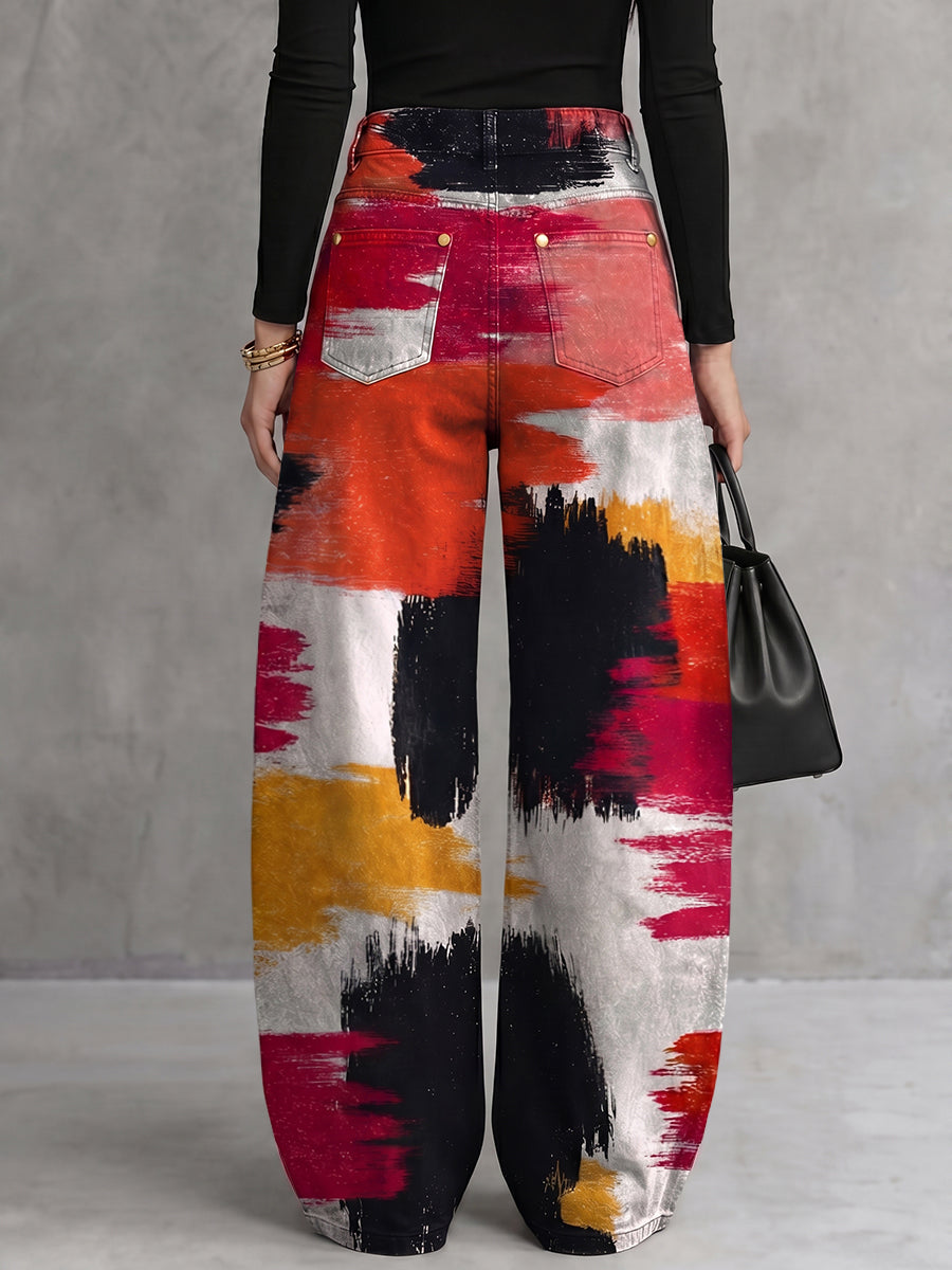 Loose Wide Leg Buttoned Contrast Color Hollow Printed Pants Trousers