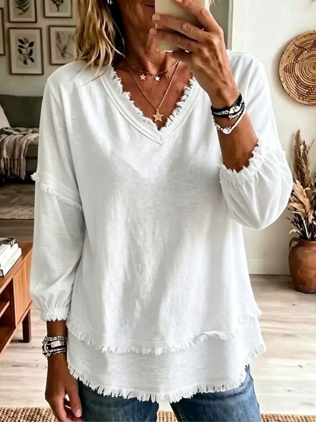 Women's Shirt Boho Shirt Lace Shirt Fringe Solid Color Plain Bohemia Vacation Daily Long Sleeve V Neck Long Tops