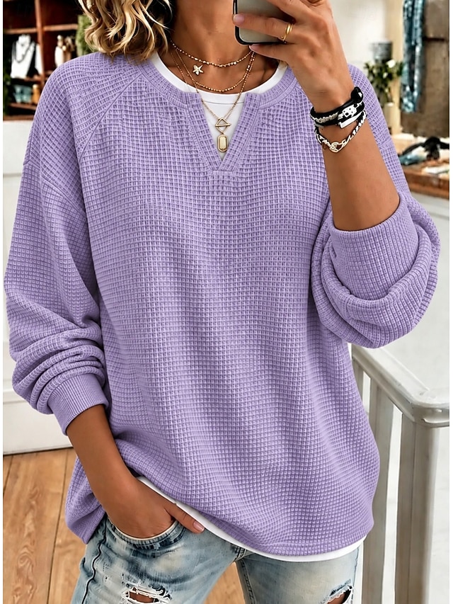 🧑‍✈️ BUY 2 FREE SHIPPING🧑‍✈️   Women’s Casual Waffle Knit Top Crewneck Faux Two-Piece Long Sleeve Blouse