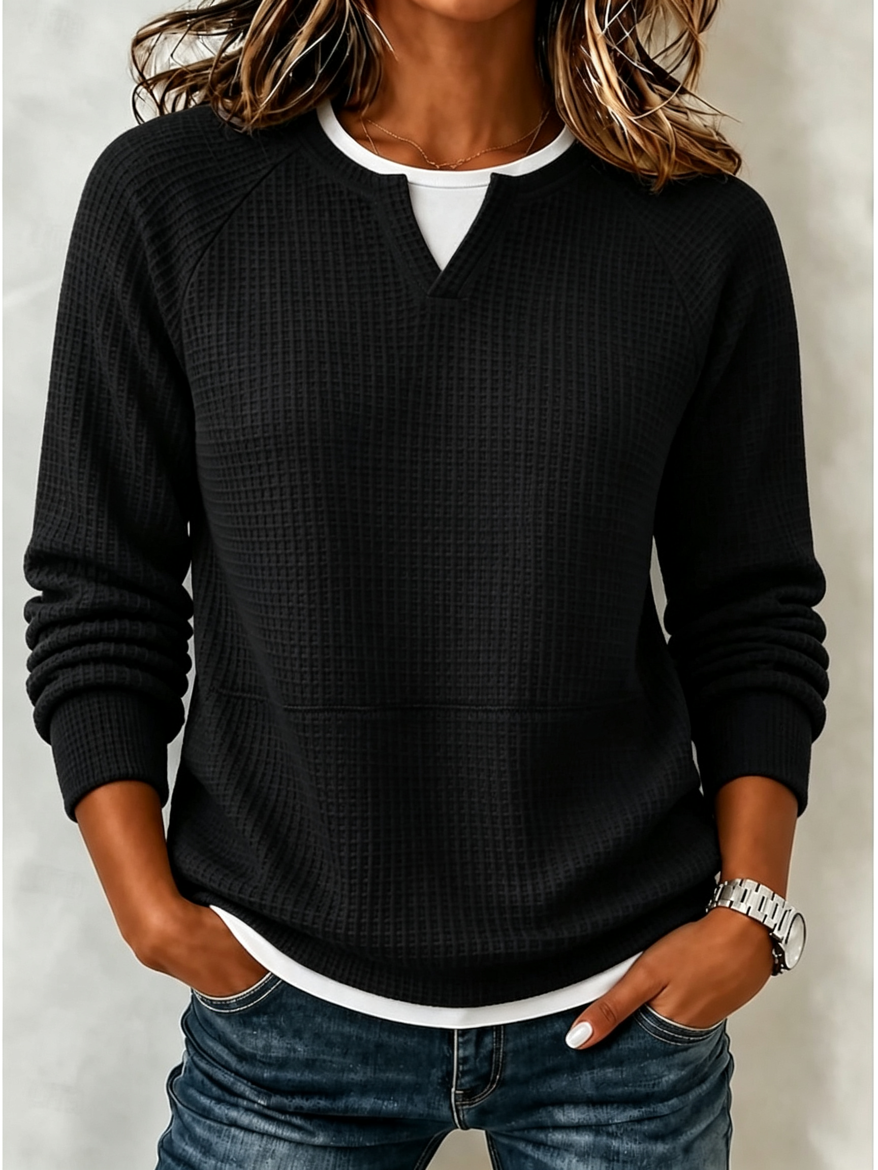 🧑‍✈️ BUY 2 FREE SHIPPING🧑‍✈️   Women’s Casual Waffle Knit Top Crewneck Faux Two-Piece Long Sleeve Blouse
