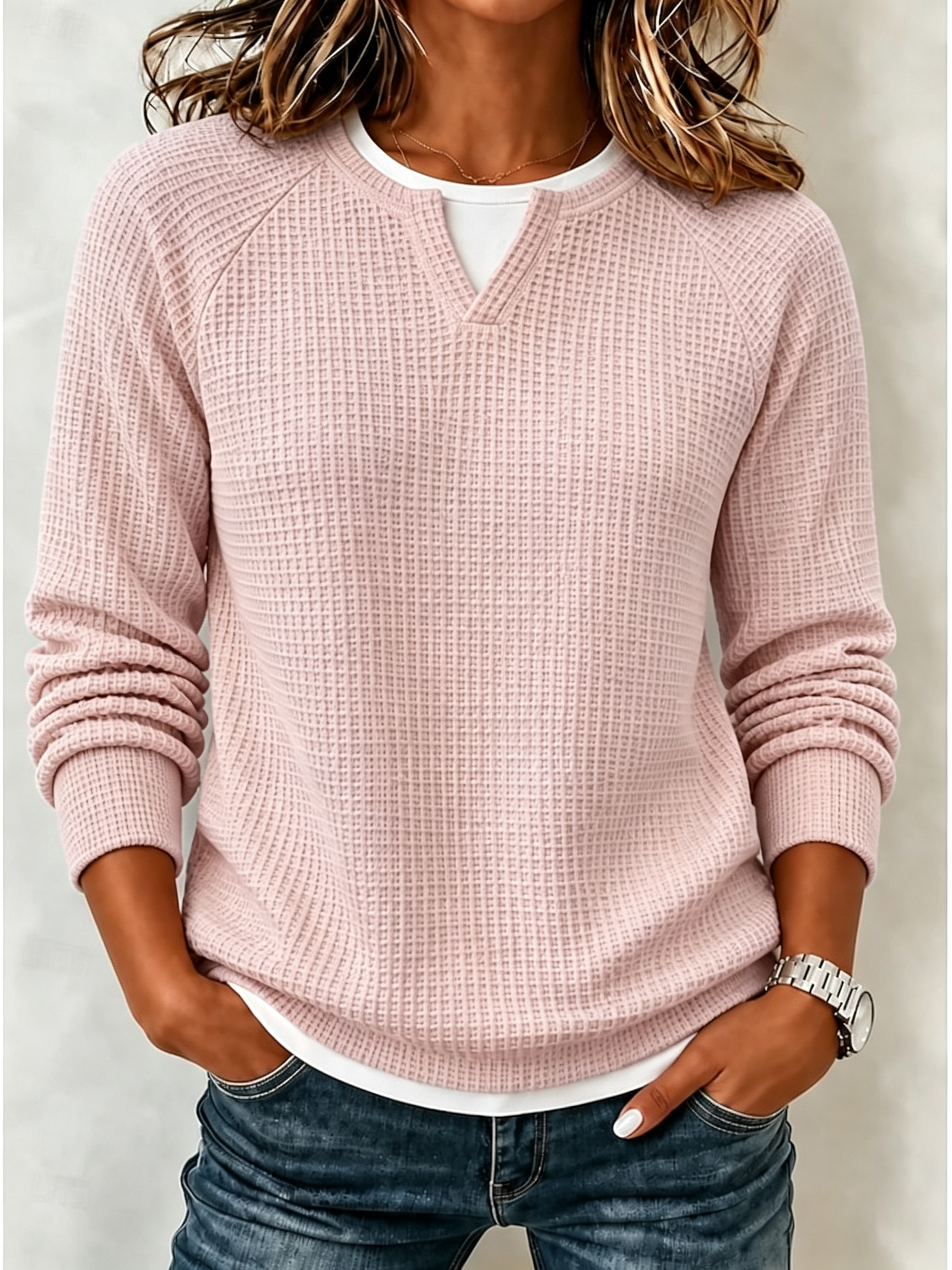 🧑‍✈️ BUY 2 FREE SHIPPING🧑‍✈️   Women’s Casual Waffle Knit Top Crewneck Faux Two-Piece Long Sleeve Blouse