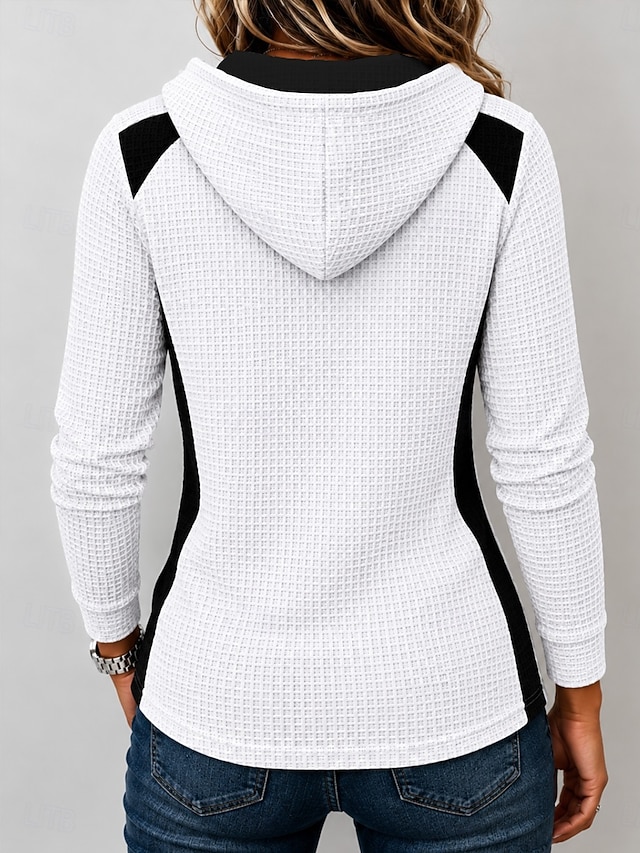 🧑‍✈️ BUY 2 FREE SHIPPING🧑‍✈️  ✨Women’s Waffle Knit Hoodie Color Block Button Henley Long Sleeve Top