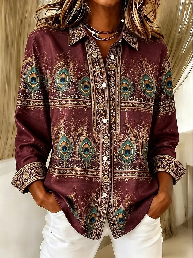 ✨Women’s Casual Peacock Print Shirt Button Front Long Sleeve Blouse