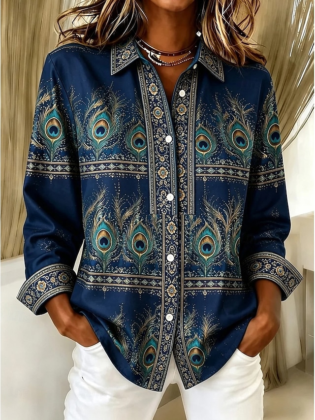 ✨Women’s Casual Peacock Print Shirt Button Front Long Sleeve Blouse