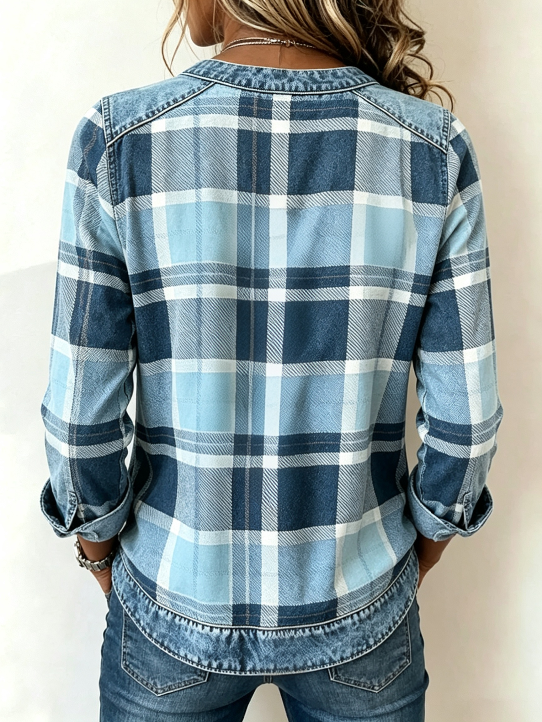 🔥 CLEARANCE SALE | ✨Women’s Autumn V-Neck Plaid Top Denim Trim Long Sleeve Casual Blouse