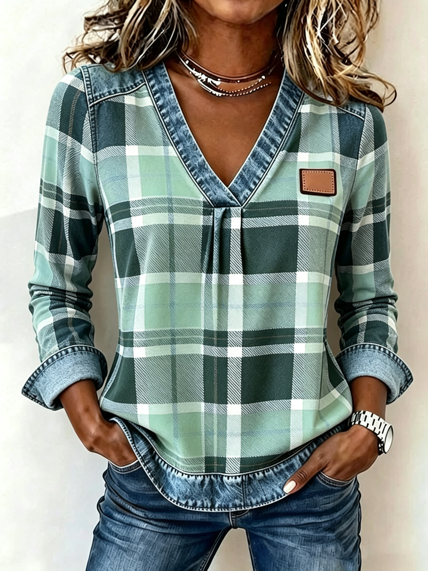 🔥 CLEARANCE SALE | ✨Women’s Autumn V-Neck Plaid Top Denim Trim Long Sleeve Casual Blouse