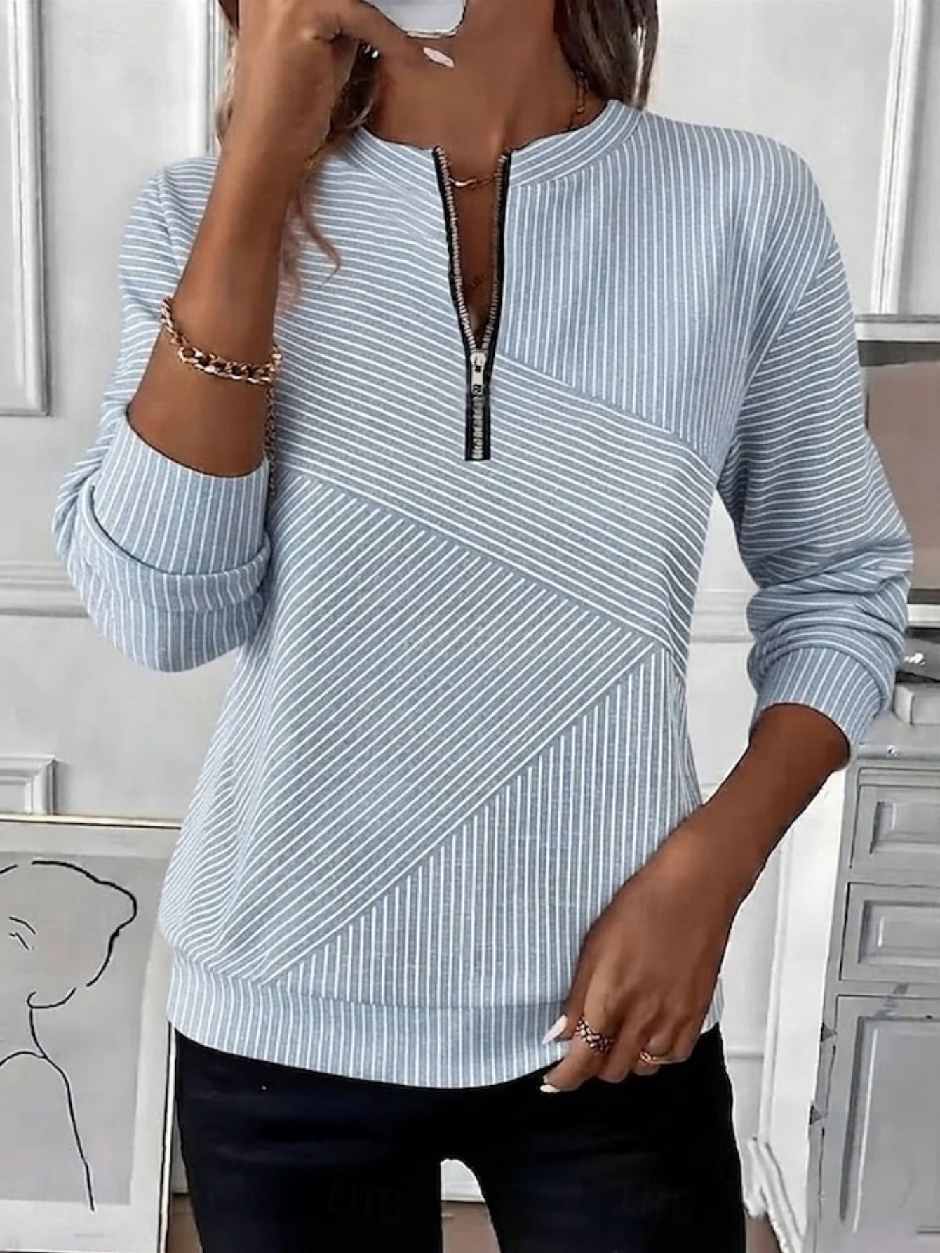 🔥❤️‍Black Friday Best-Sellers🎃❤️‍ ✨Striped Half-Zip Round Neck Top