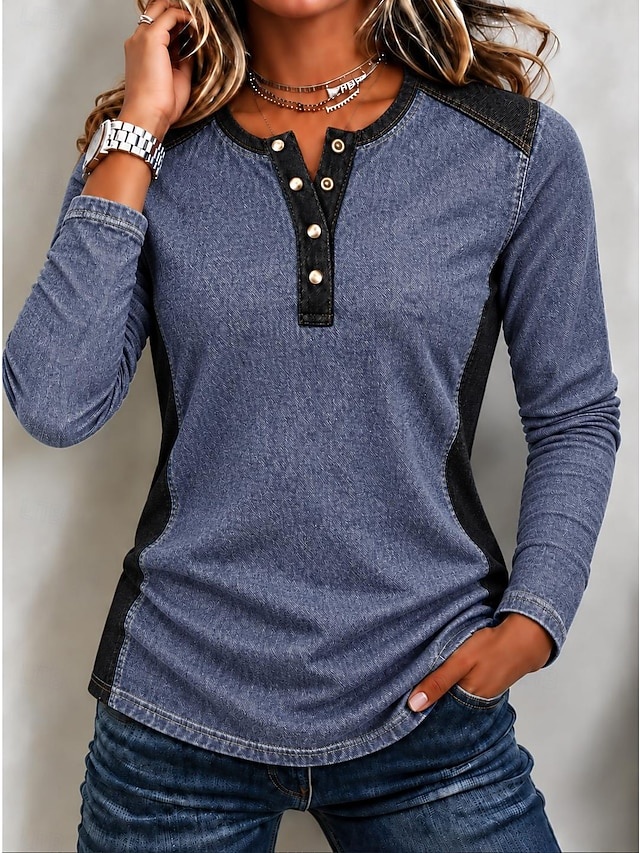 ✨Denim Panel Half-Button Top