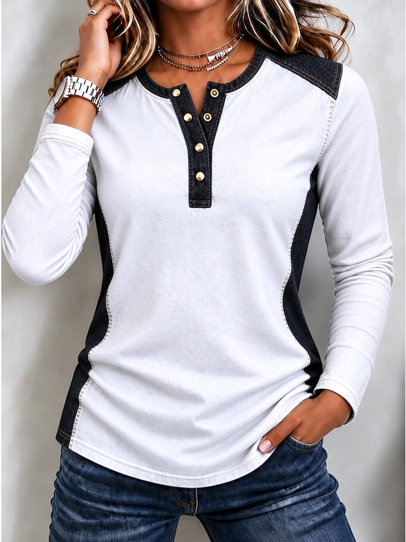 ✨Denim Panel Half-Button Top