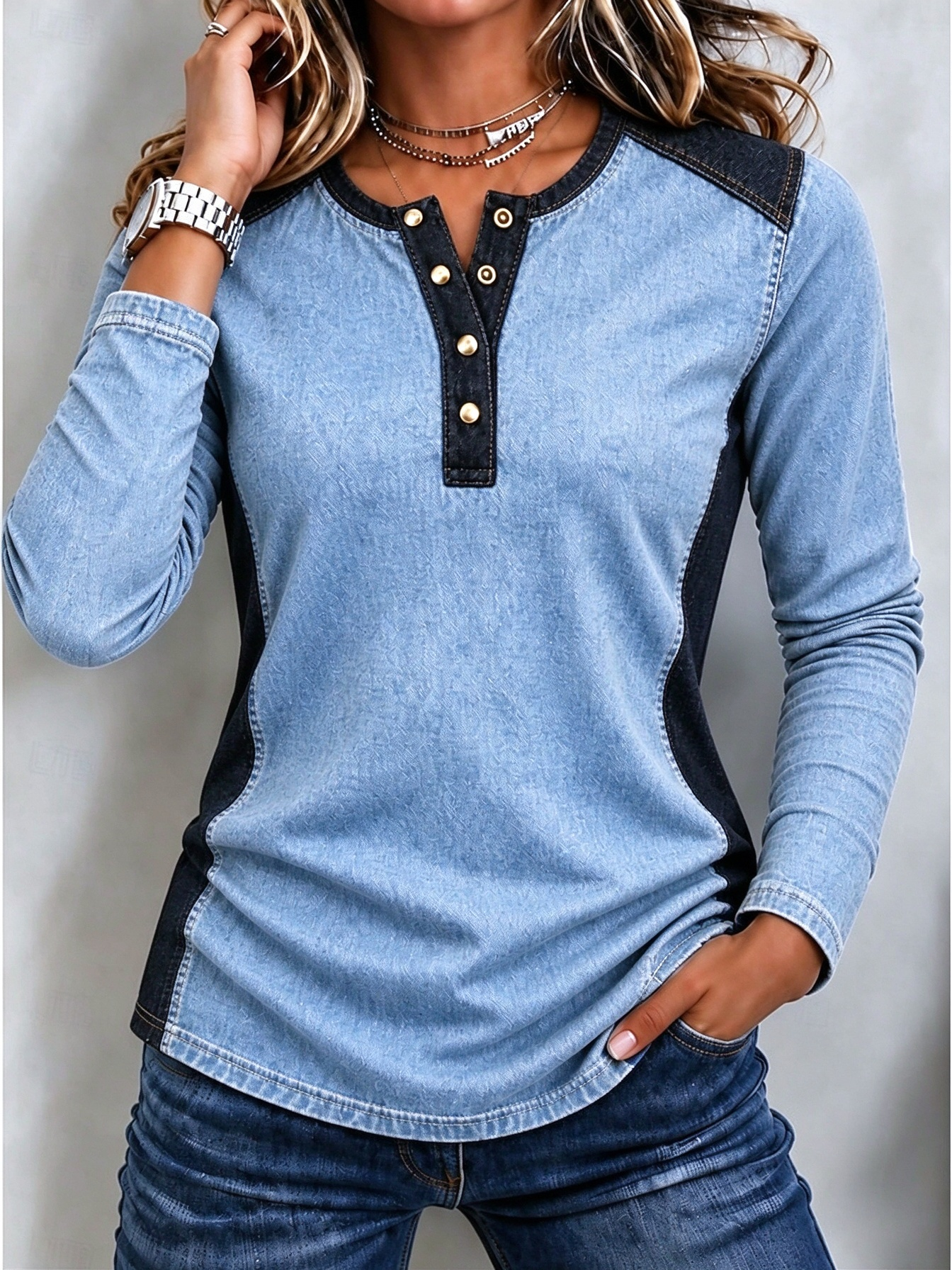 ✨Denim Panel Half-Button Top