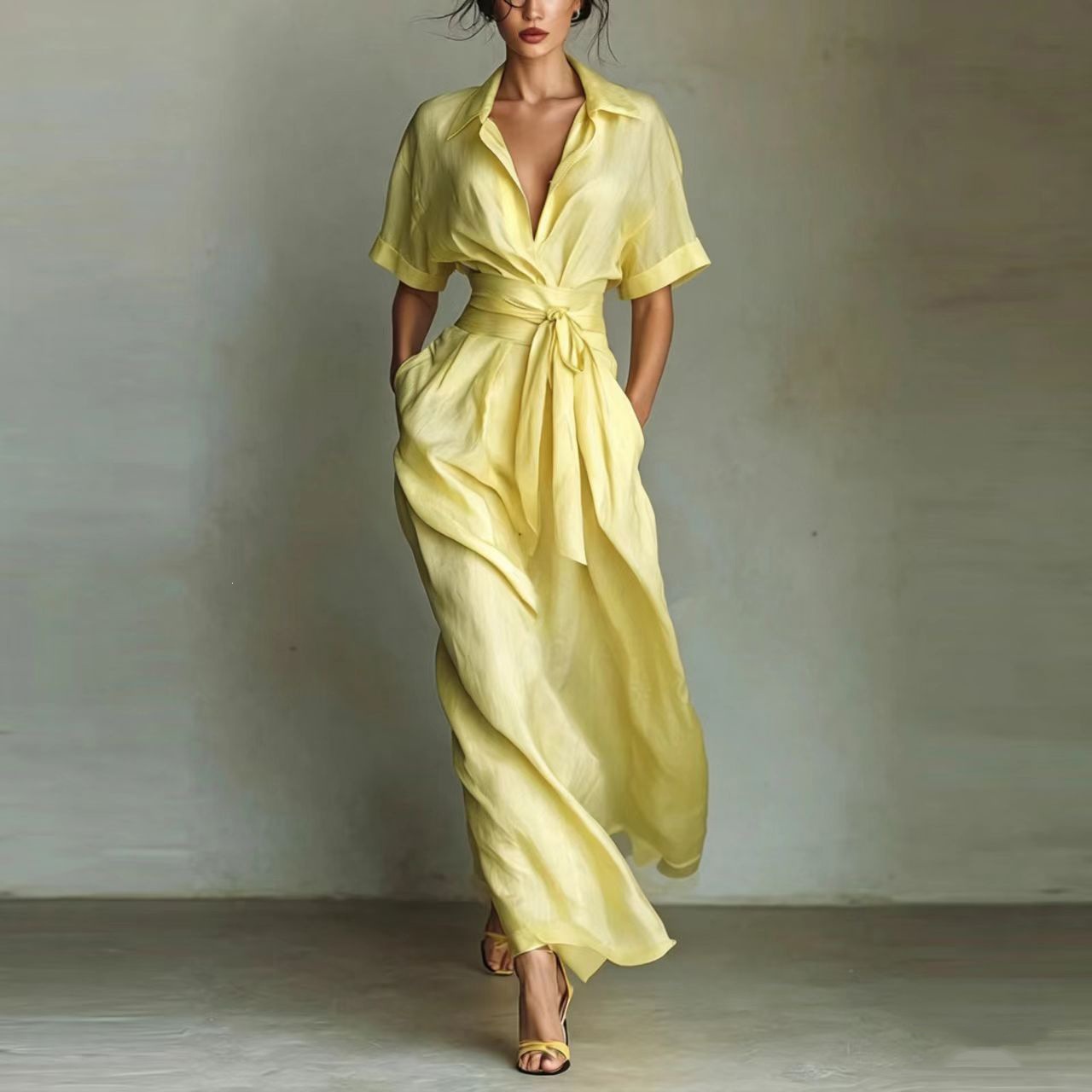 Waist-slimming flip collar dress &mdash; full length editorial styling