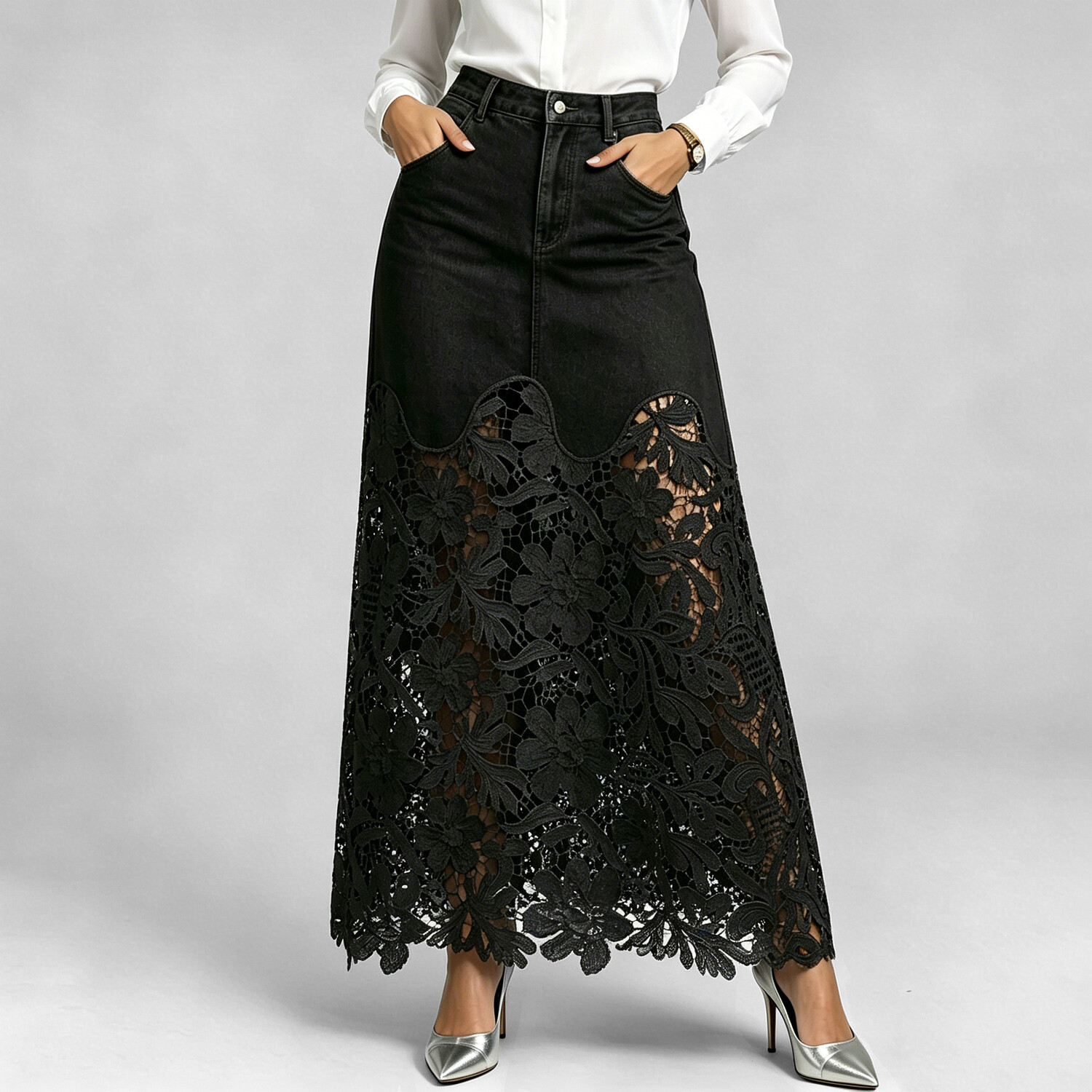 Women's Cutout Openwork Lace Patchwork Pocket High Waisted Denim Maxi Skirt