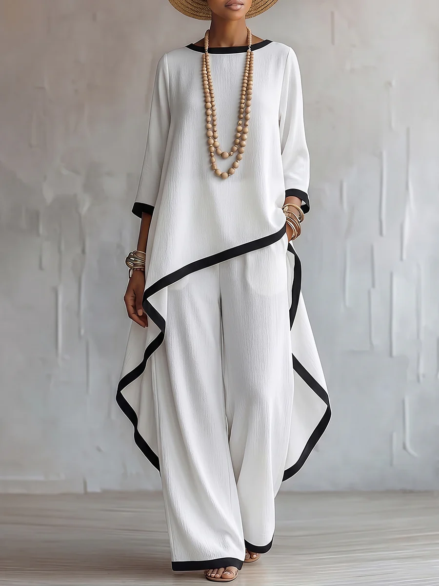 Stylish Cotton-linen Two-piece Set With Elegant Color-contrast Trim