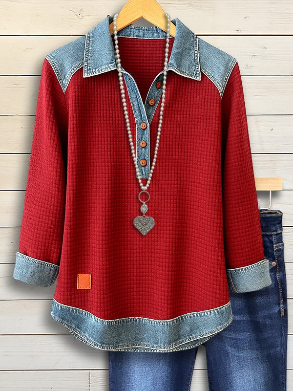 Denim Patchwork Button Henley Collared Ribbed Long Sleeve Top