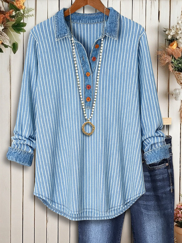 Denim Patchwork Button Henley Collared Ribbed Long Sleeve Top