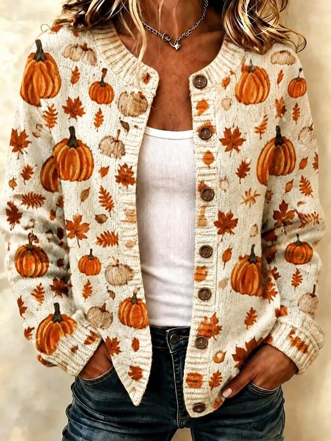  Women's Cardigan Fashion Daily Casual Graphic Pumpkin Ribbed Crew Neck Floral Buttons Print Long Sleeve Long Tops